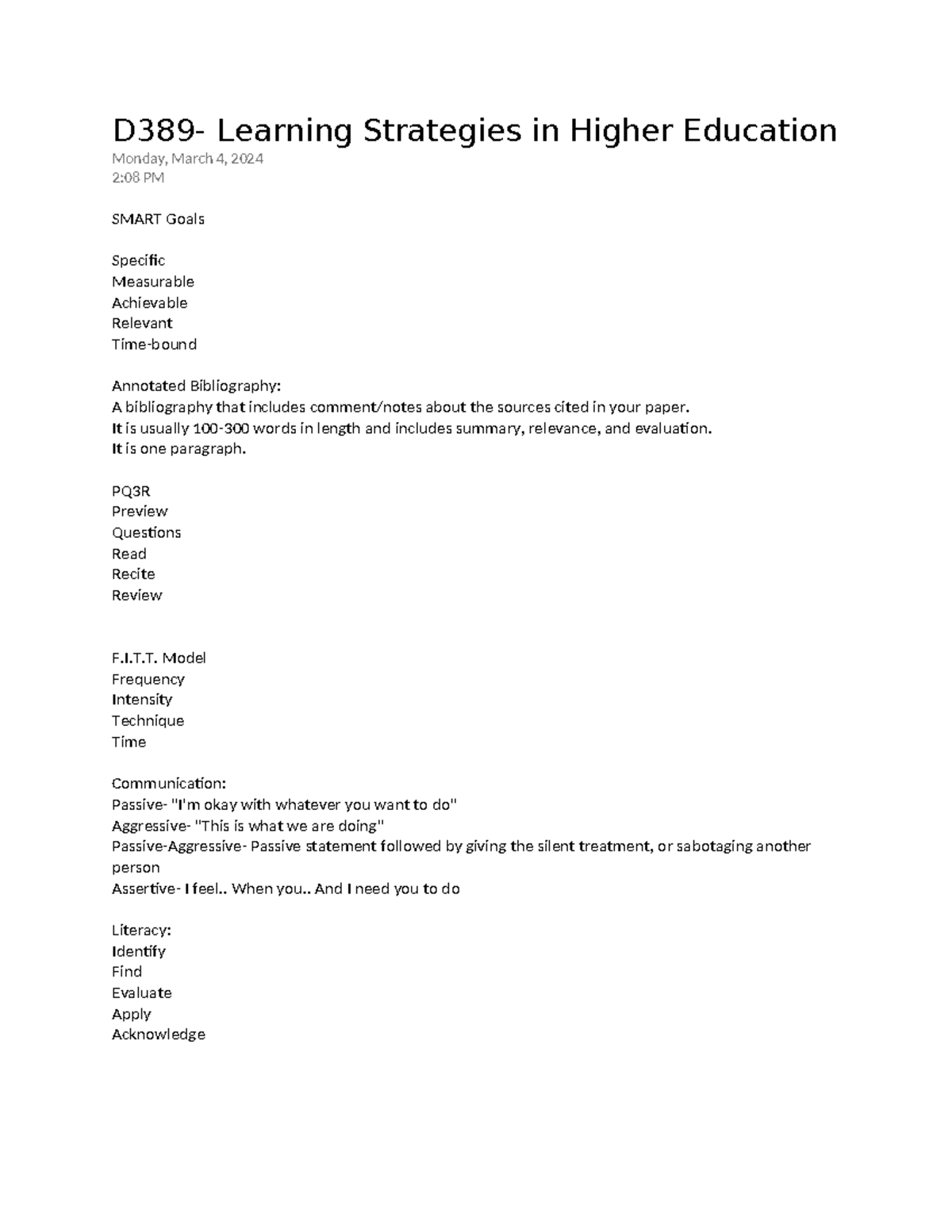 D389 Notes - D389- Learning Strategies in Higher Education Monday ...