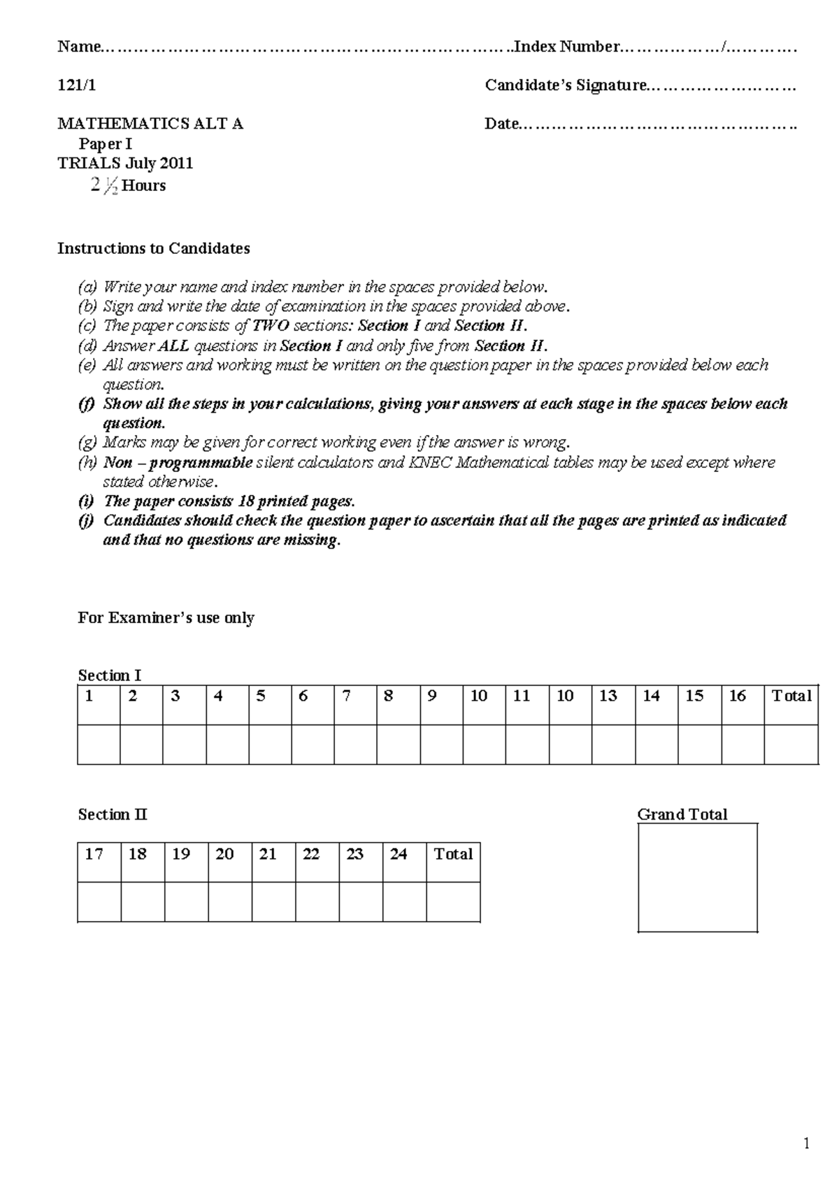 MATHEMATICS ALT A Paper I TRIALS July 2011 Exam Instructions and ...