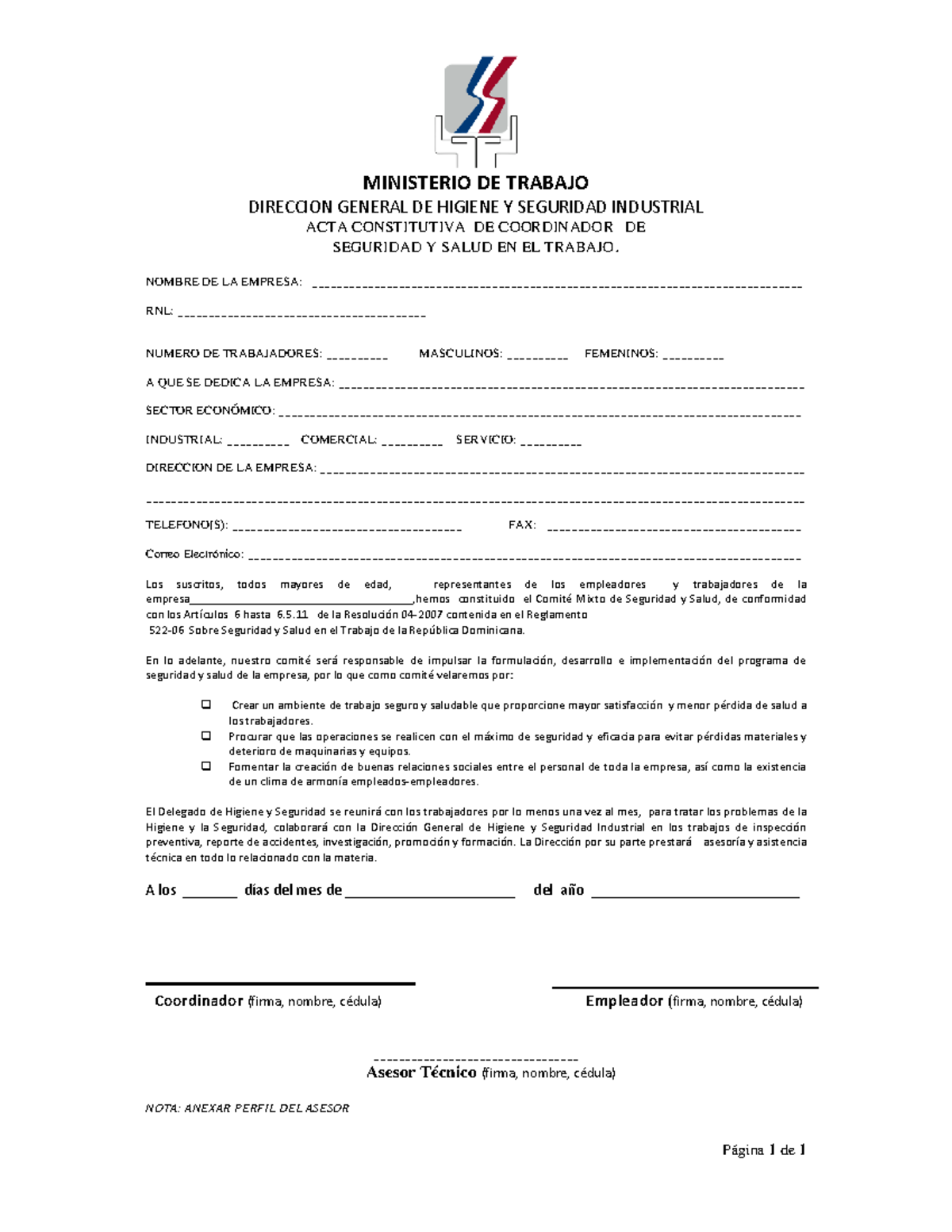Acta Constitutiva del Coordinador de Seguridad y Salud en el Trabajo ...