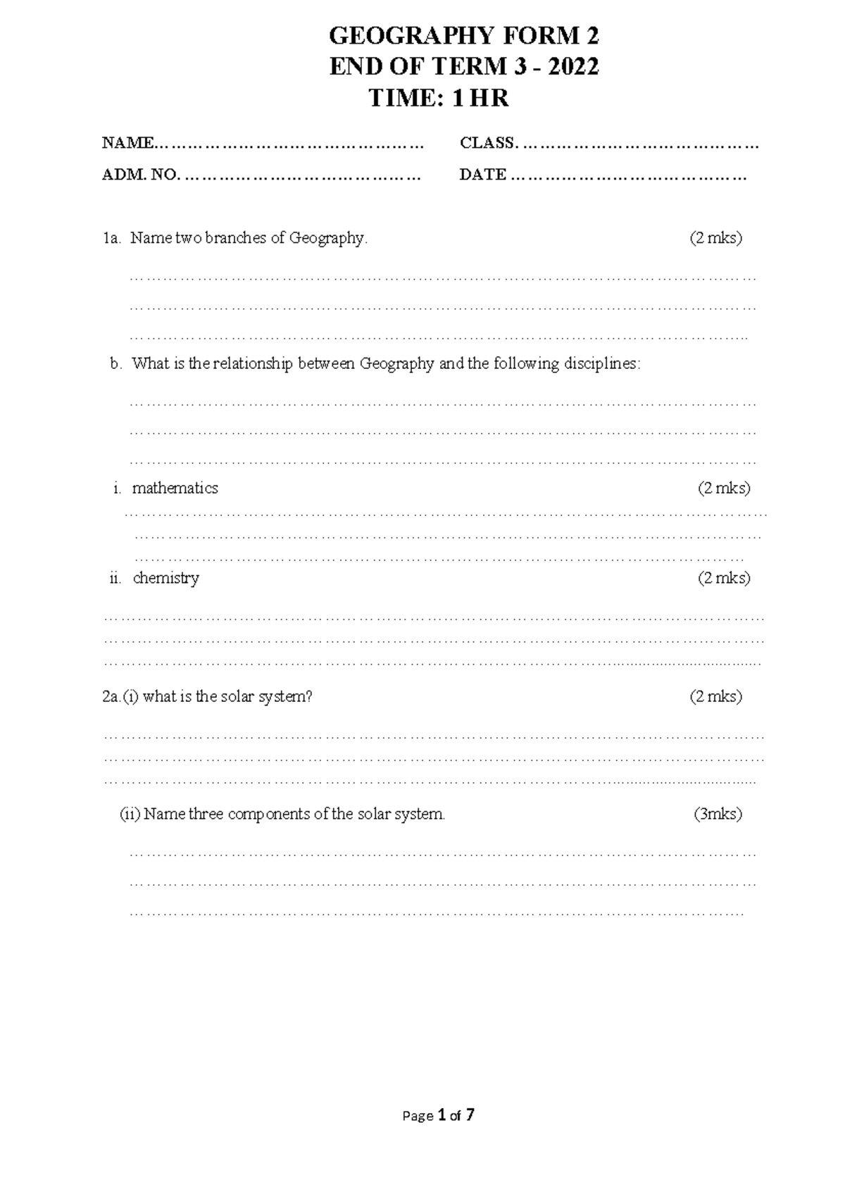 GEOGRAPHY FORM 2 END OF TERM 3 2022 EXAM QUESTIONS - Studeersnel