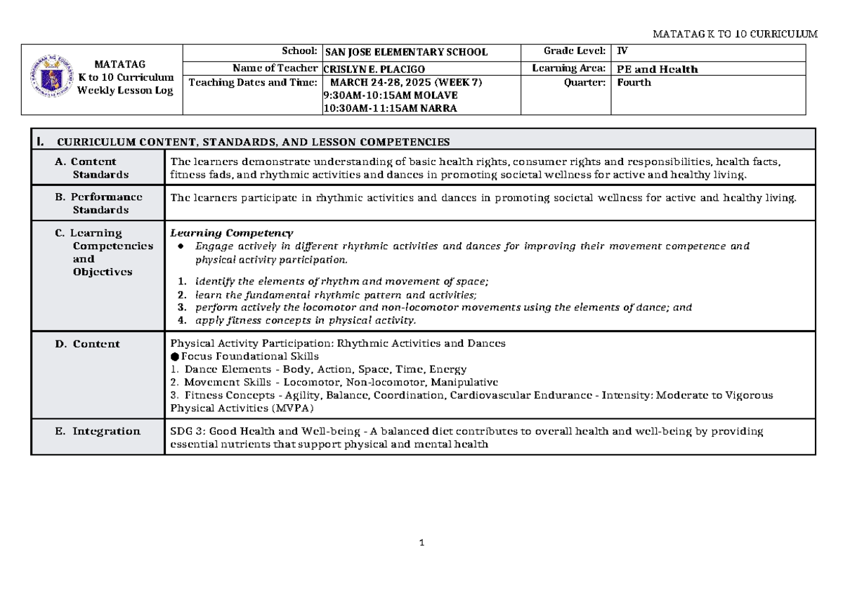 DLL Matatag PE & Health 4 Q4 W6-8 - MATATAG K to 10 Curriculum Weekly ...