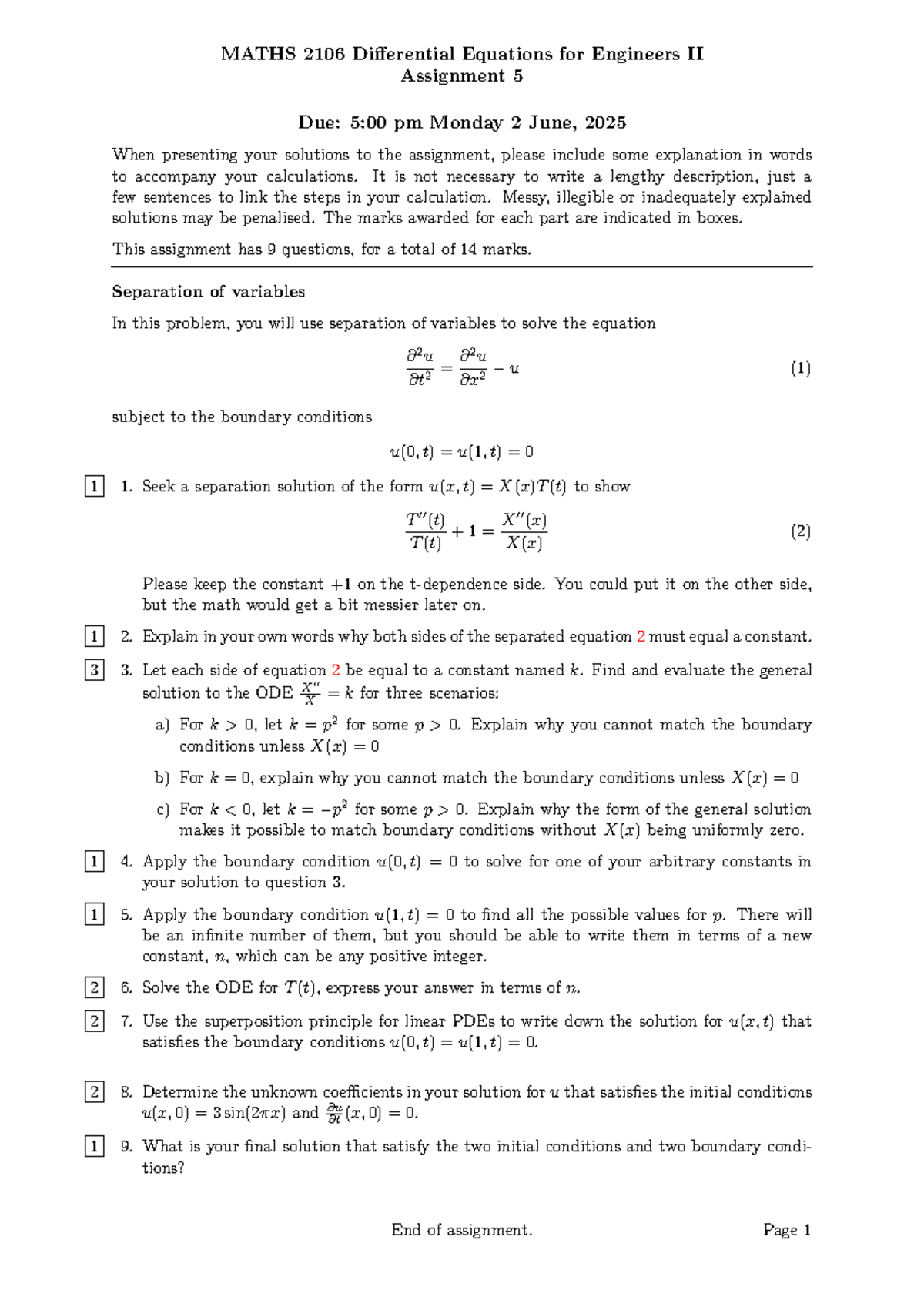 MATHS 2106 Differential Equations II Assignment 5 Solutions ...