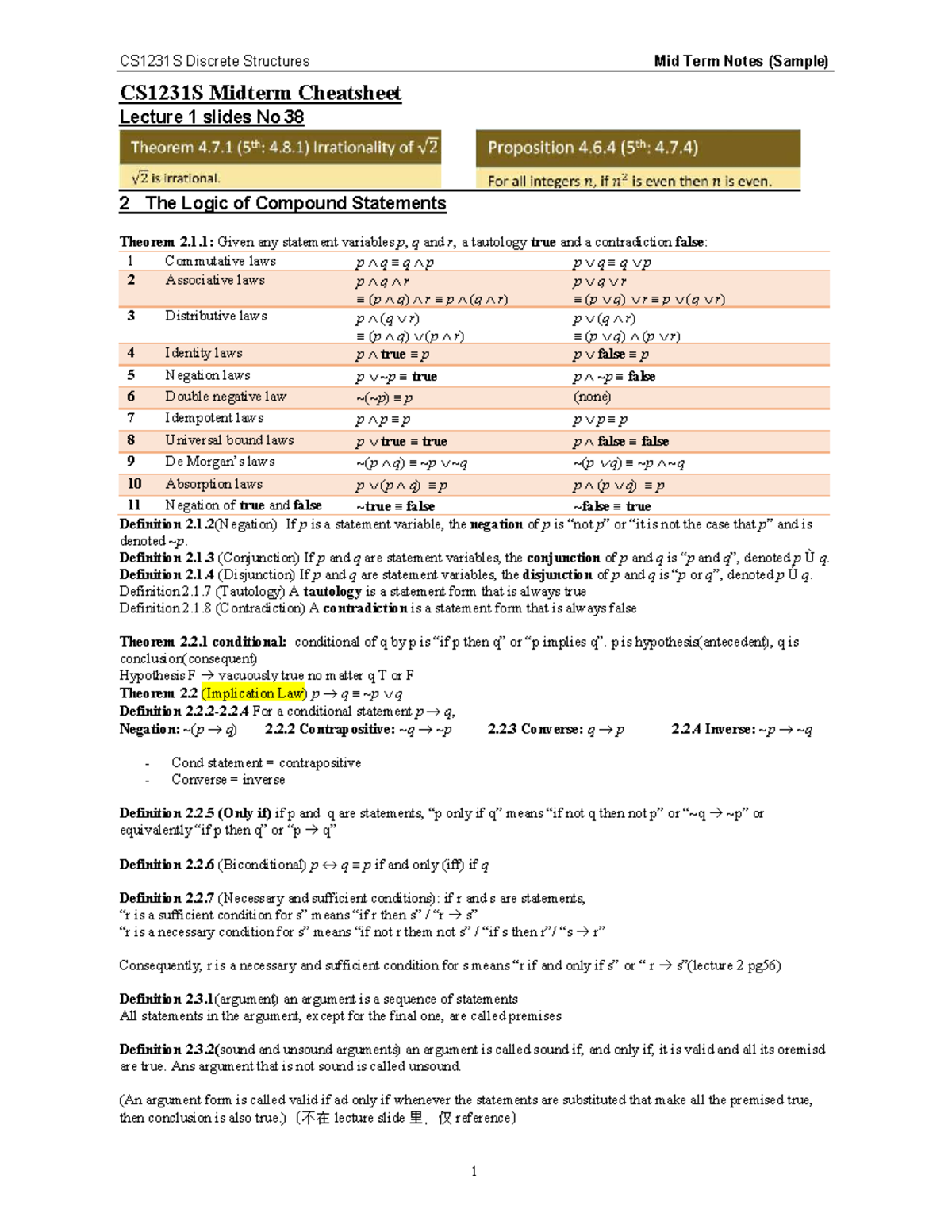 CS1231S Discrete Structures Midterm Notes and Cheatsheet - Studocu