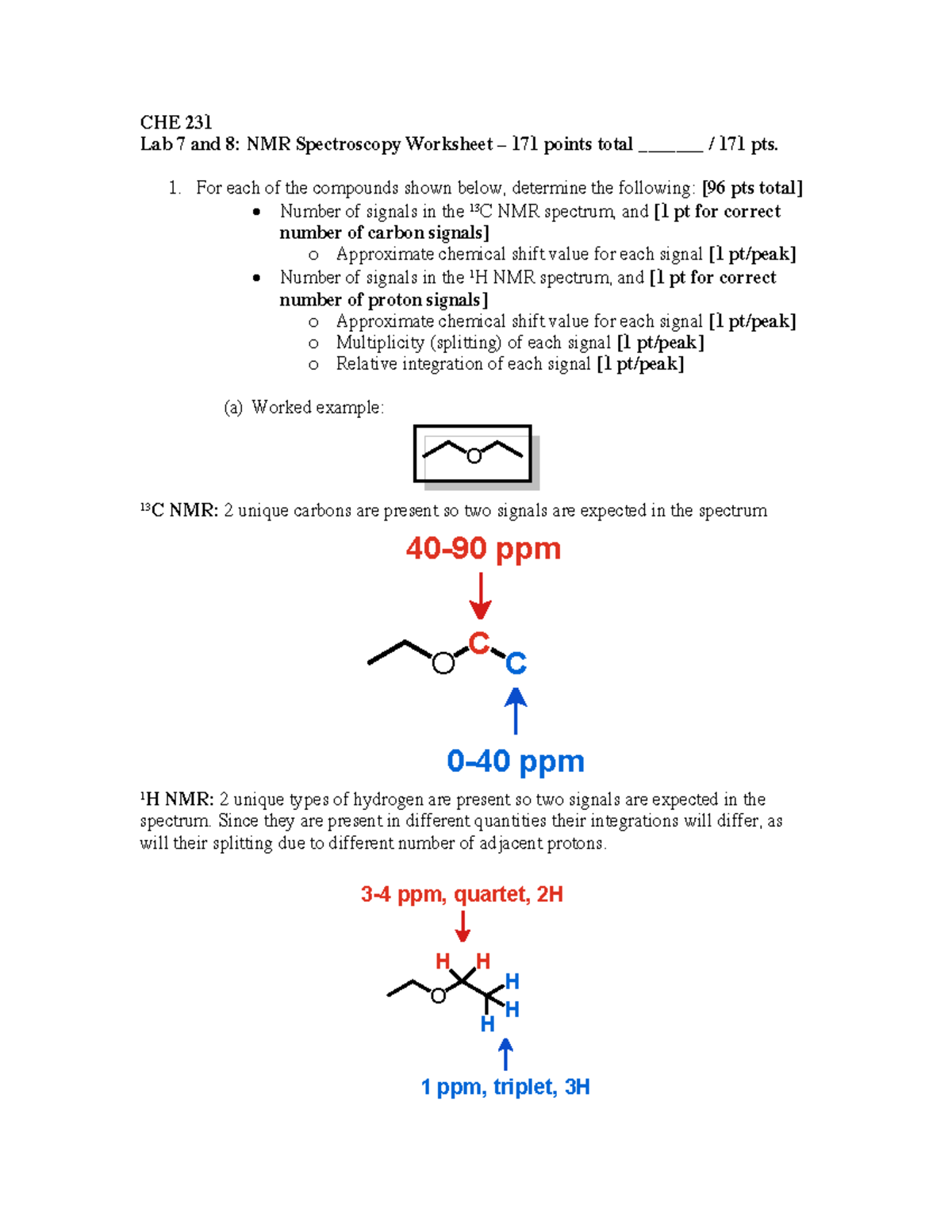 CHE231 NMR Spectroscopy Worksheet Lab 7 & 8 Detailed Analysis - Studocu