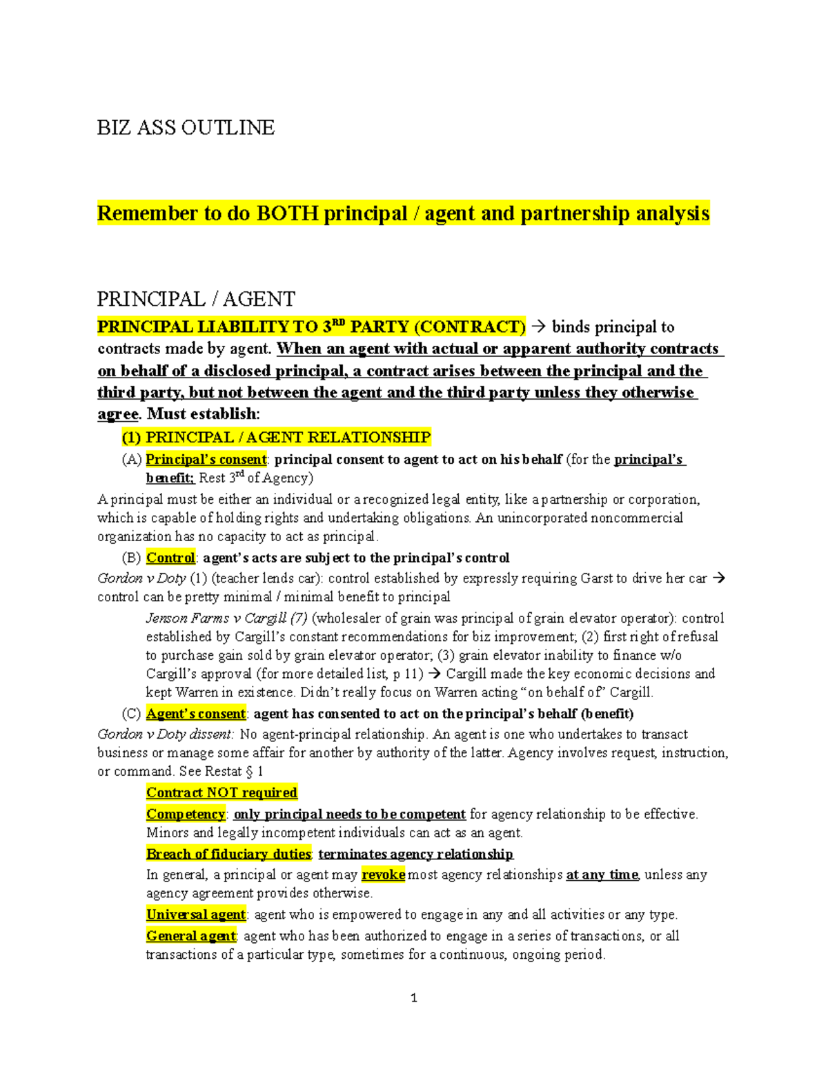 BIZ 101 principal-agent and partnership analysis outline - Studocu