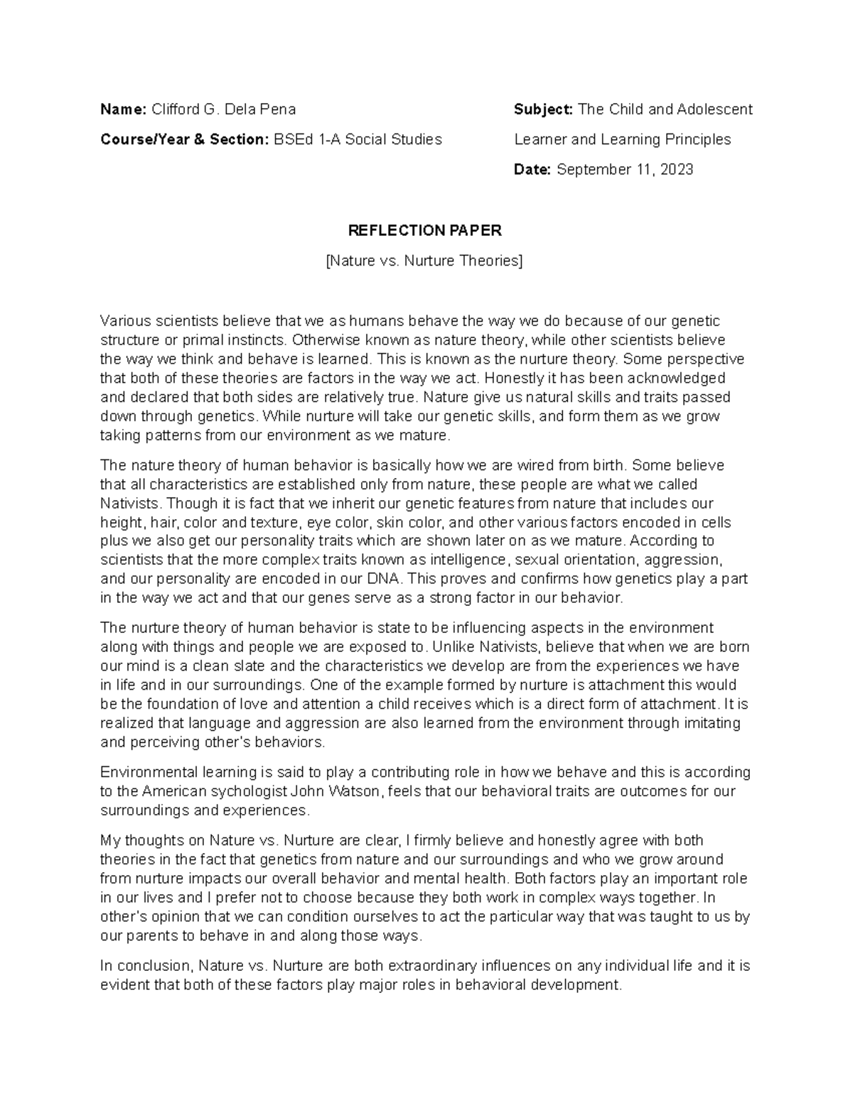 Reflection Paper - Name: Clifford G. Dela Pena Subject: The Child and ...