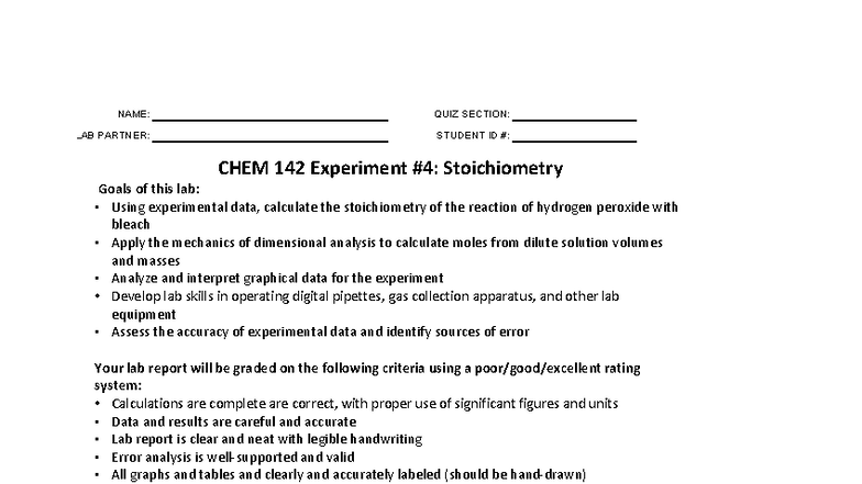 CHEM 142 Lab Quiz: Stoichiometry Experiment Report - Studocu