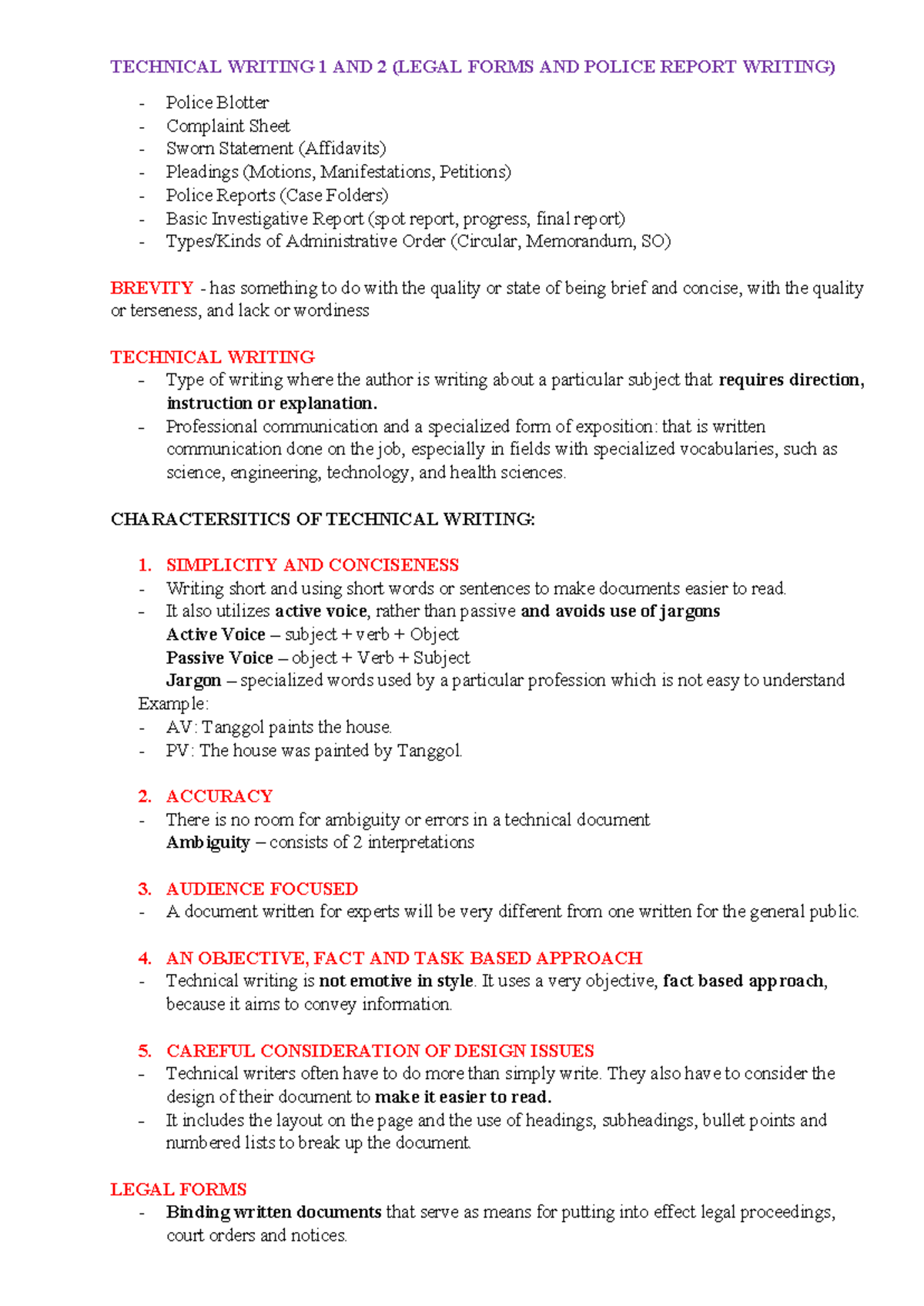 Technical Writing 1 & 2: Legal Forms & Police Reports Overview - Studocu