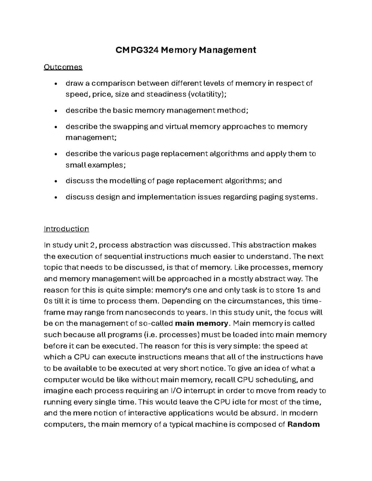 CMPG324 SU3 - Overview of Memory Management Techniques - Studocu