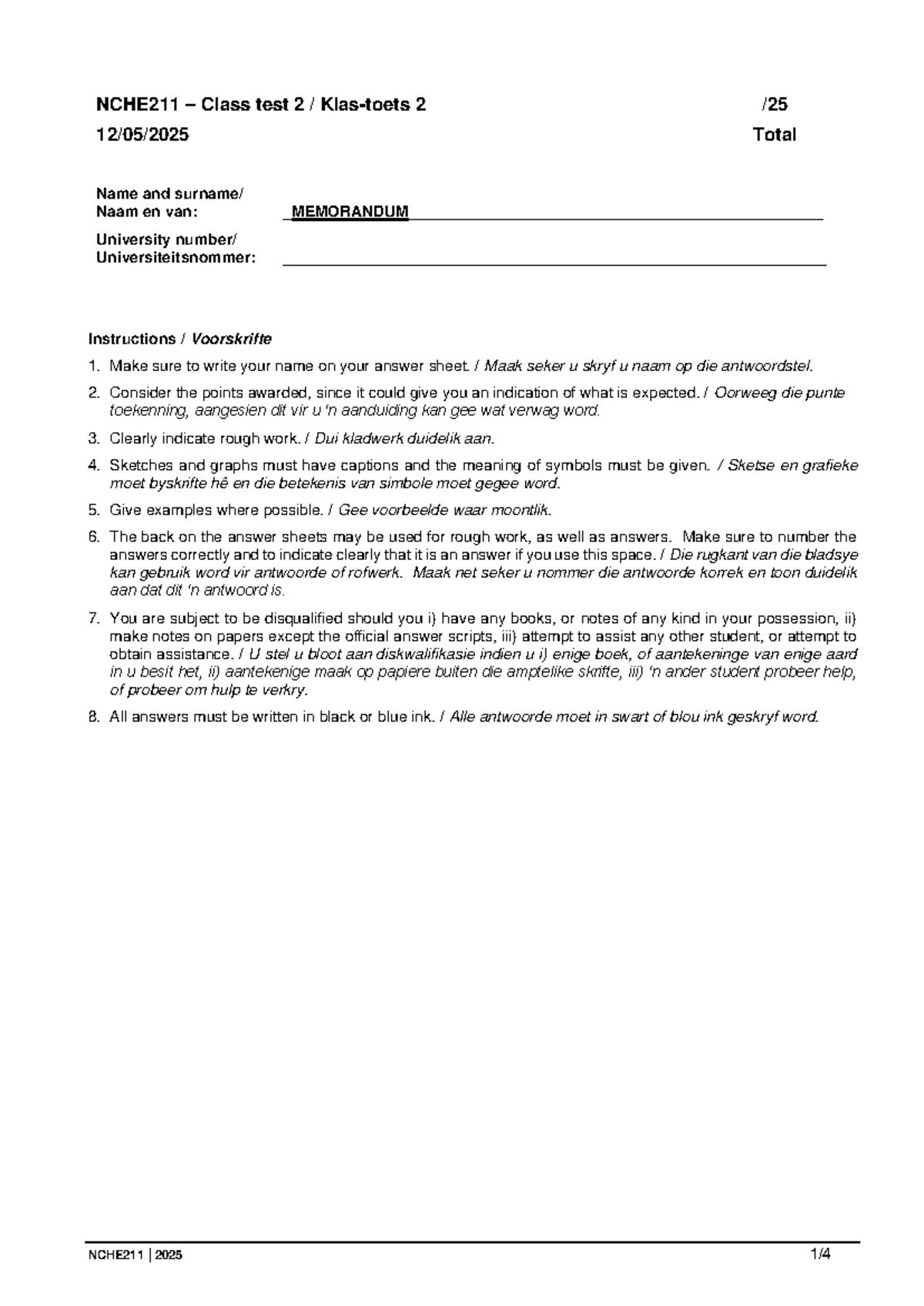 NCHE211 Class Test 2 Memorandum and Guidelines for Students - Studocu