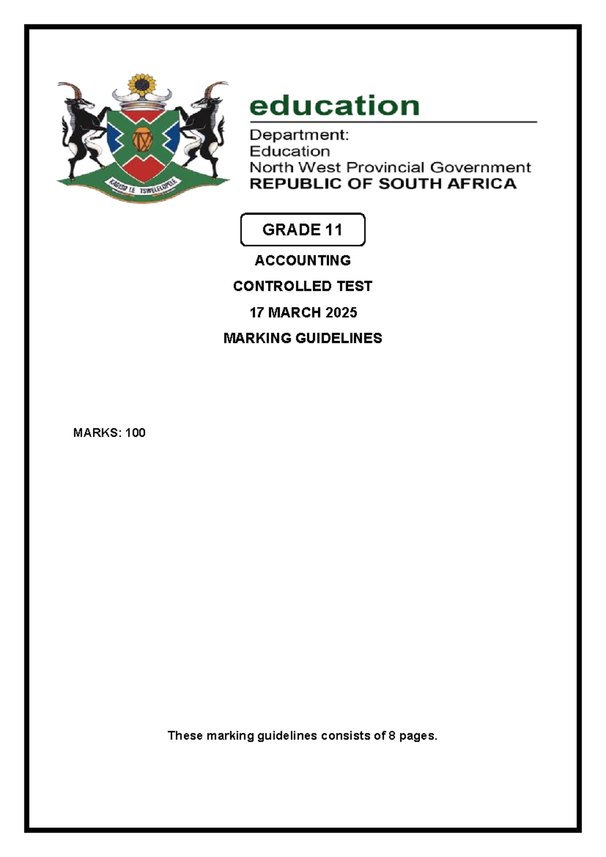GRADE 11 ACCOUNTING CONTROLLED TEST MARCH 2025 MARKING GUIDELINES - Studocu