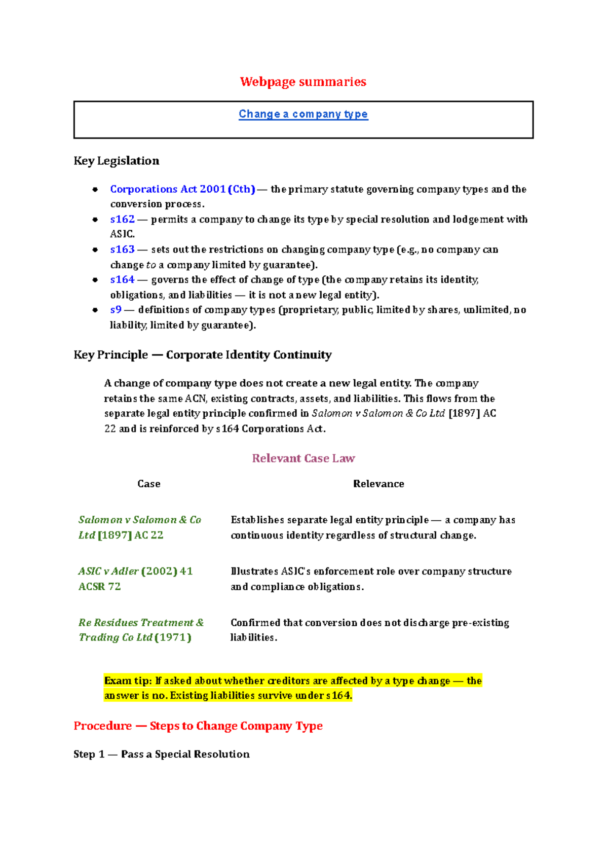 LOBO wk 4 Topic 5: Company Type Changes & ASIC Regulations Summary ...
