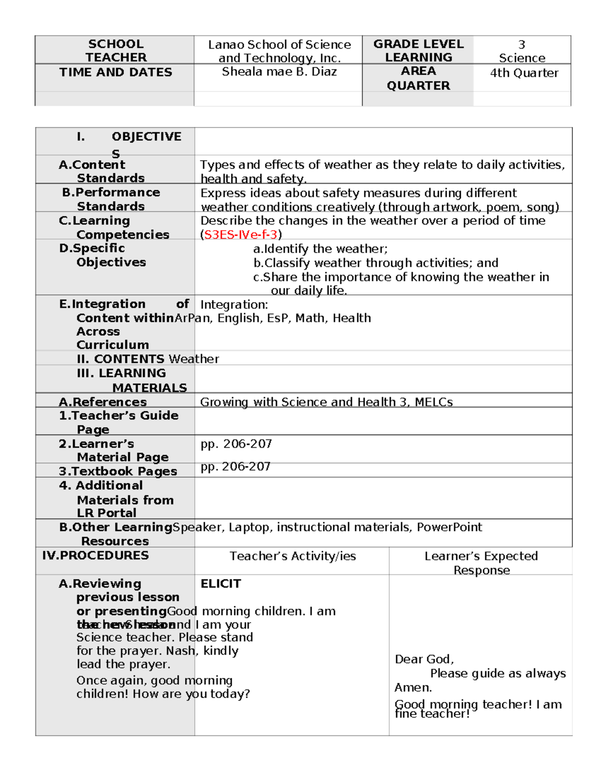 Detailed Lesson Plan: Exploring Weather Patterns in Grade 3 Science ...