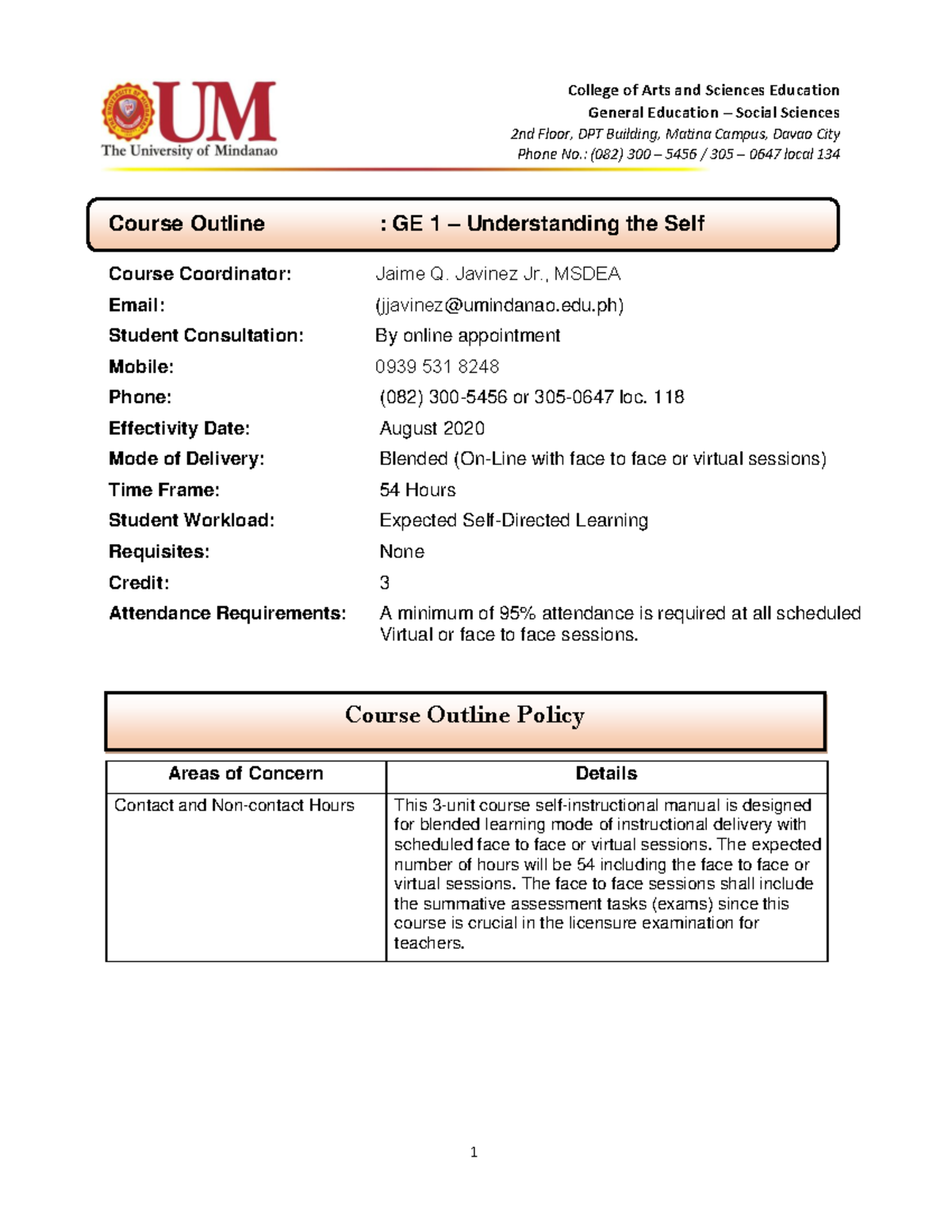 GE 1 - Understanding the Self Course Outline and Guidelines - Document Preview