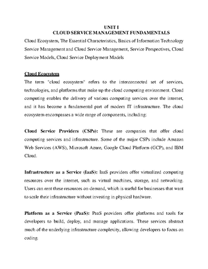 CCS336 Cloud Services Management Lecture Notes 1 - 1 UNIT I CLOUD ...