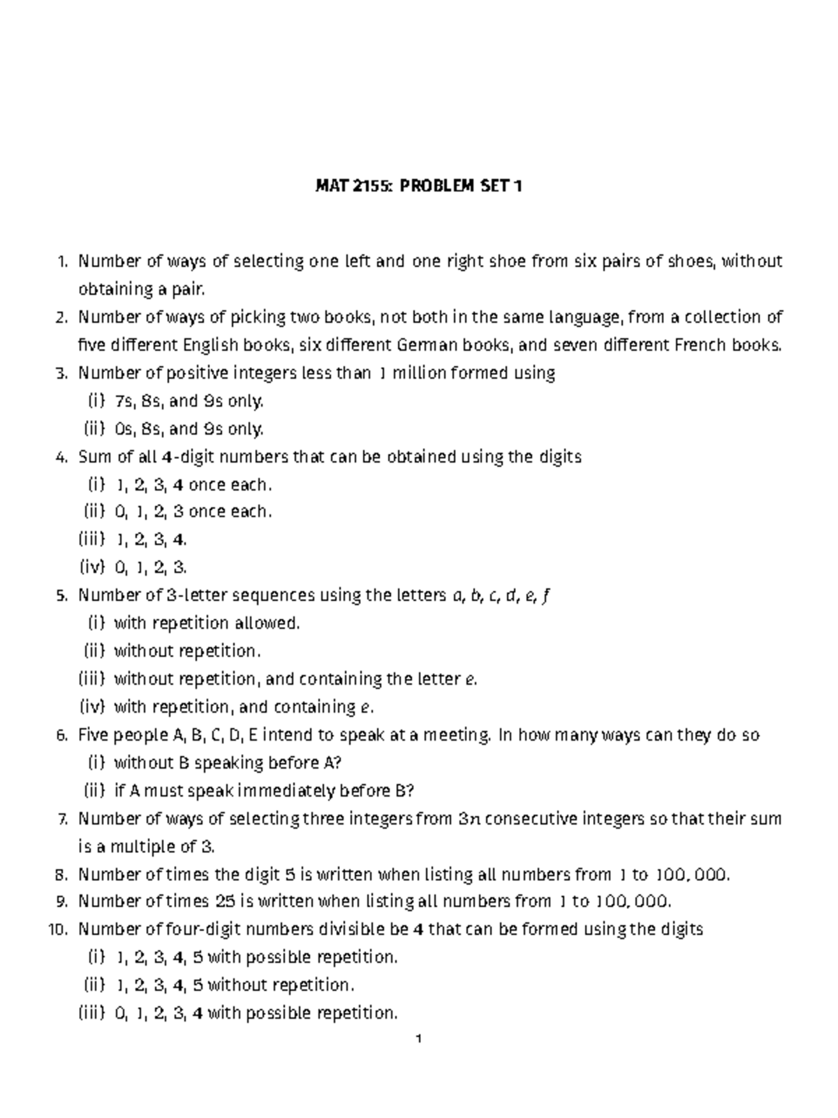 MAT 2155: Combinatorics Problem Set 1 Solutions - Studocu