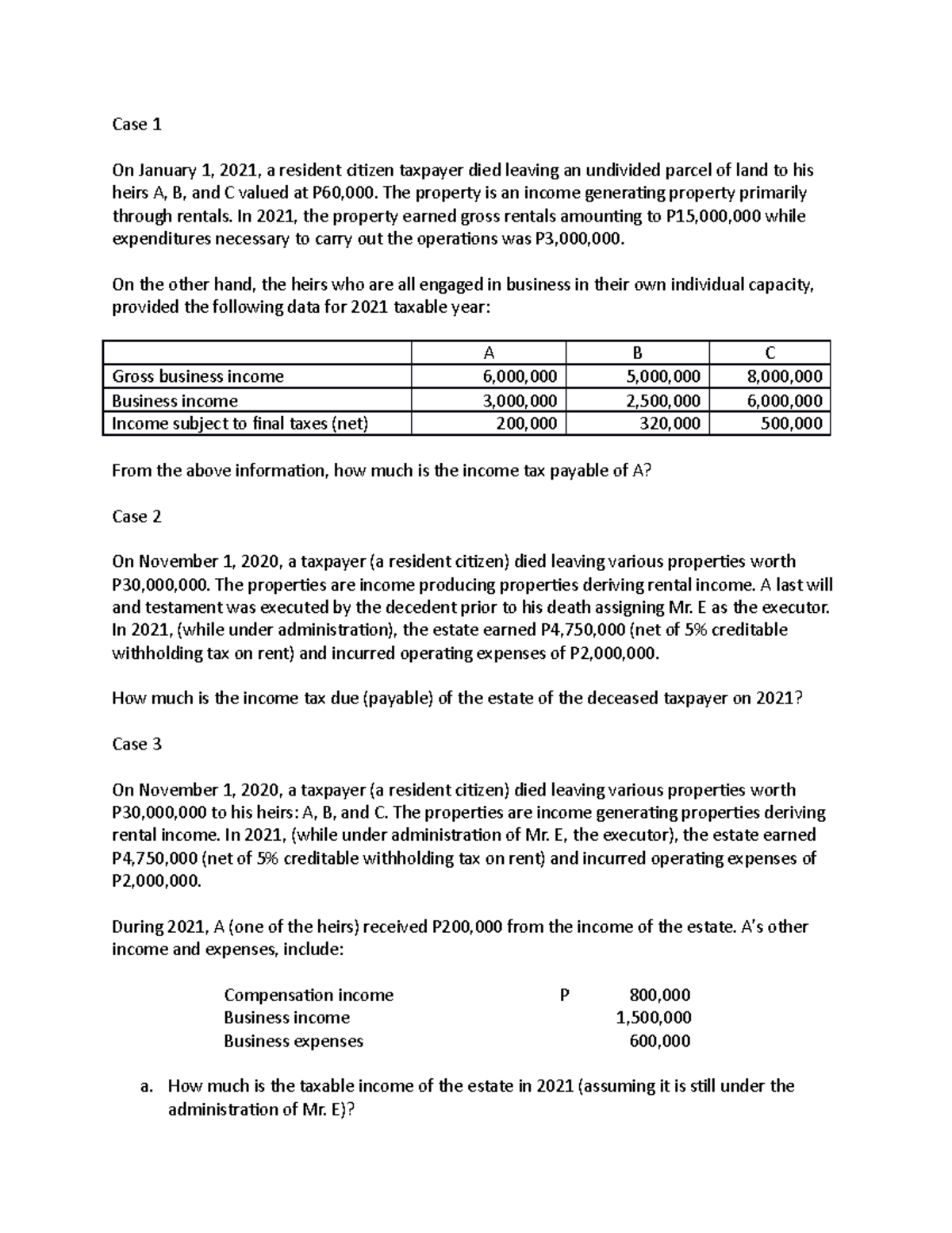 Cases for Income taxation for co ownership estates and trusts - Case 1 ...