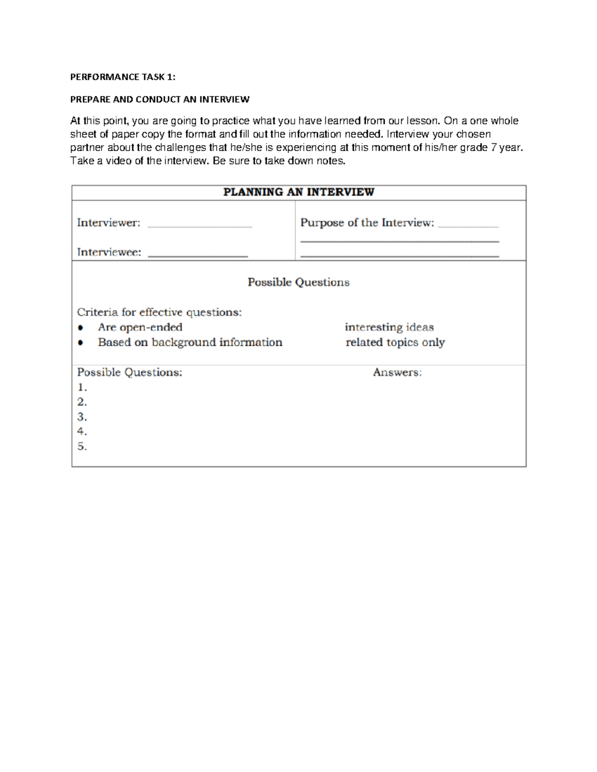 G7 Performance TASK 1 Interview - BLIS Marketing - PERFORMANCE TASK 1 ...
