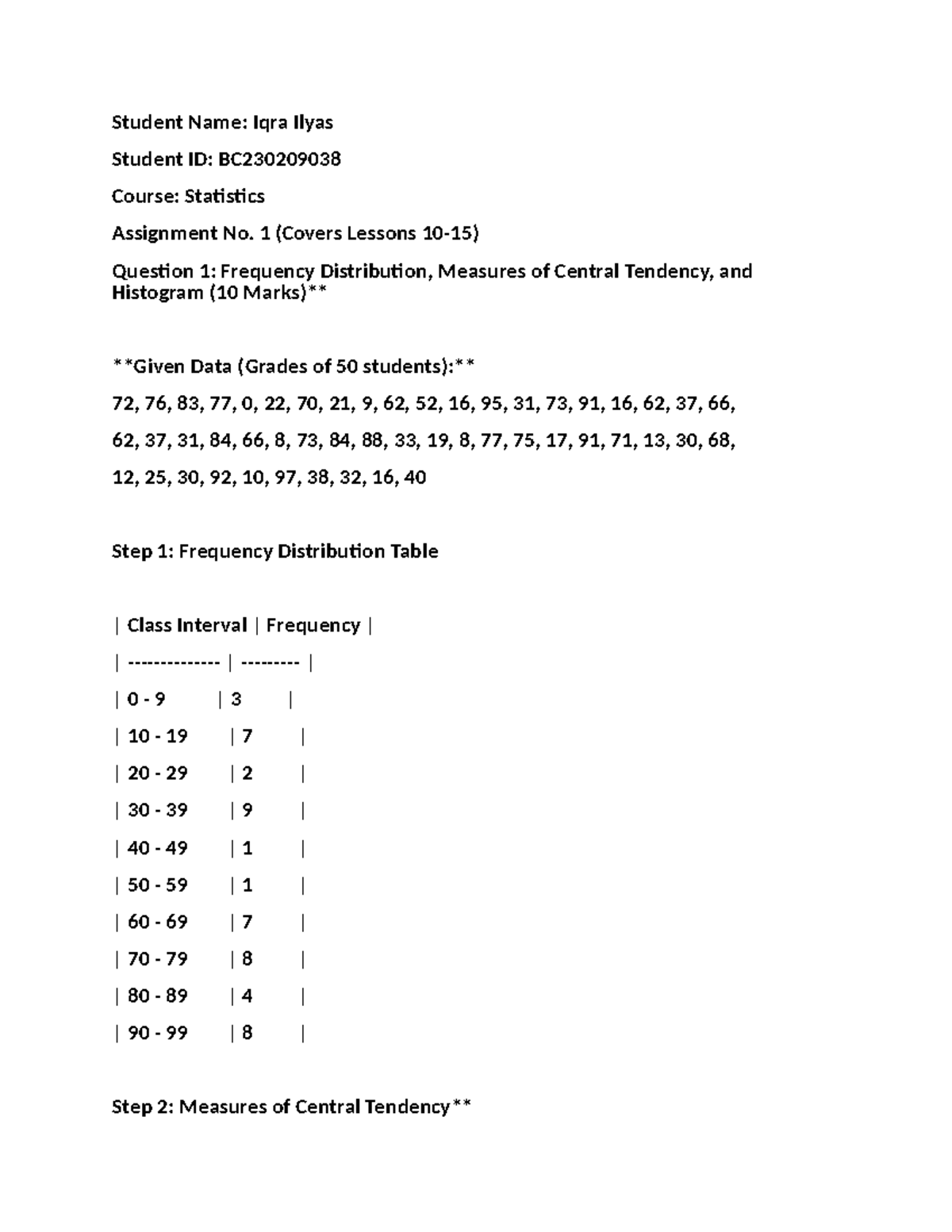 Statistics Assignment 1: Frequency Distribution & Central Tendency ...