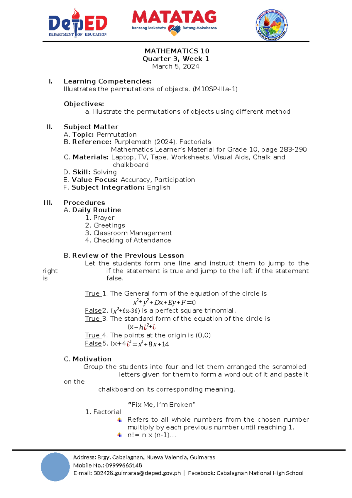 MATH 10 - Week 1: Understanding and Illustrating Permutations - Studocu