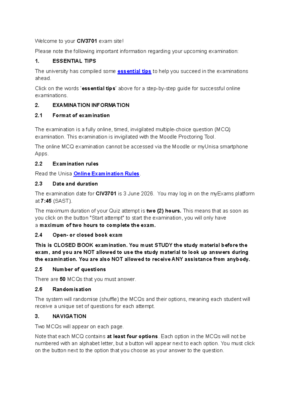 CIV3701 Final Exam Guidelines and Important Information 2026 - Studocu