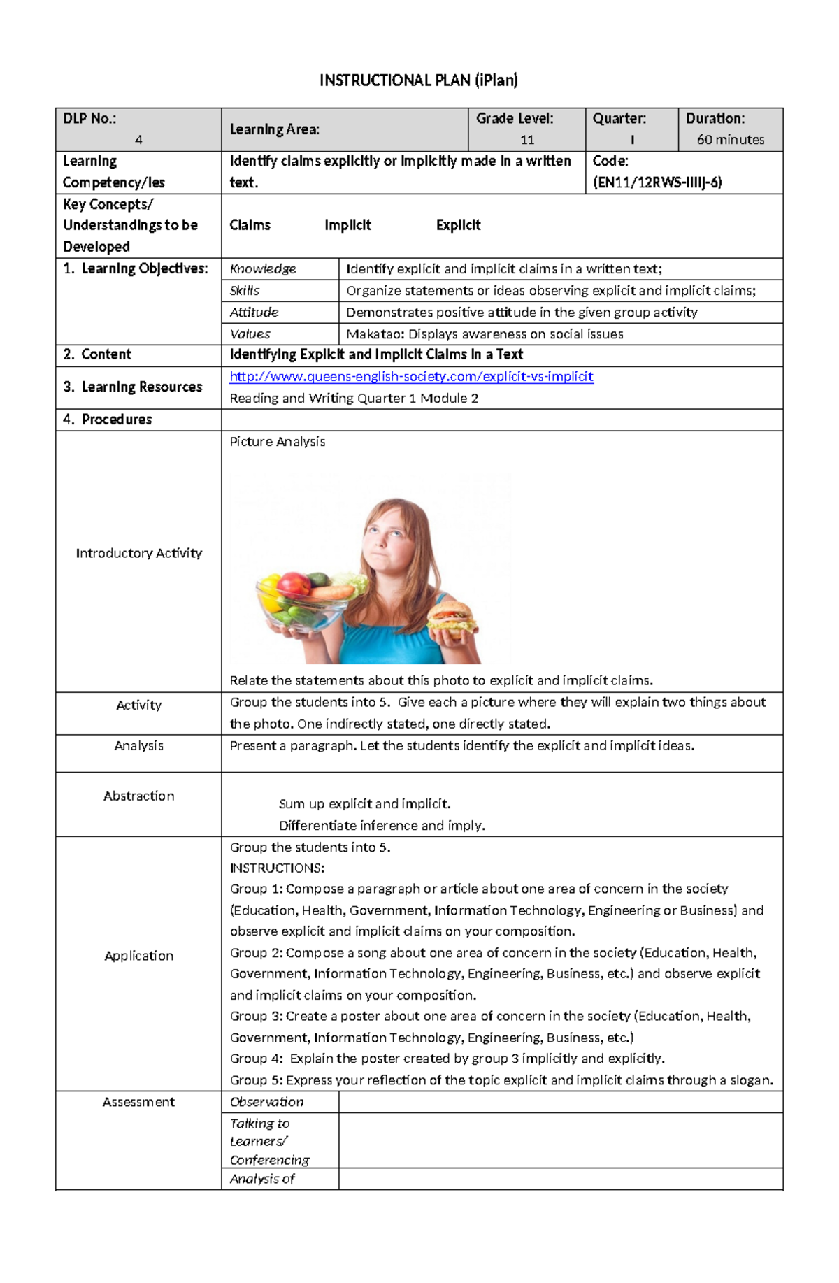 EN11/12RWS-IIIij-6: Implicit & Explicit Claims Lesson Plan - Studocu