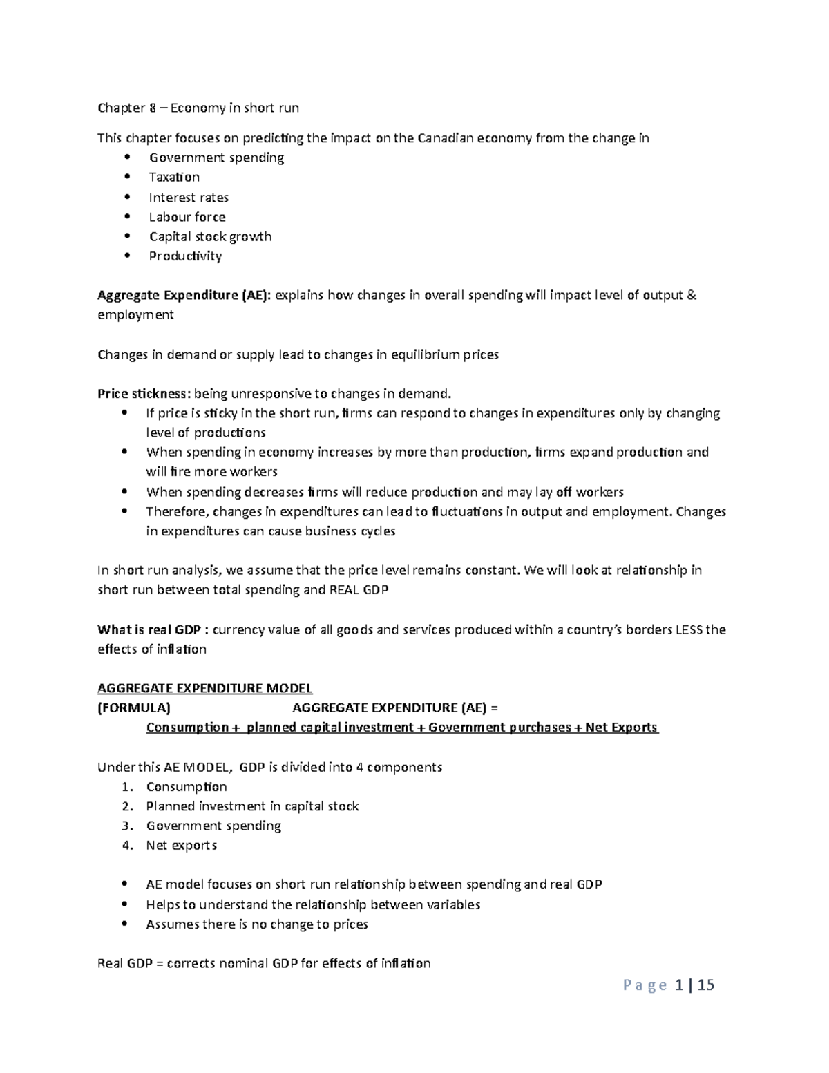 ECON1100 - Chapter 8 Pearson Notes on Short Run Economic Analysis - Studocu