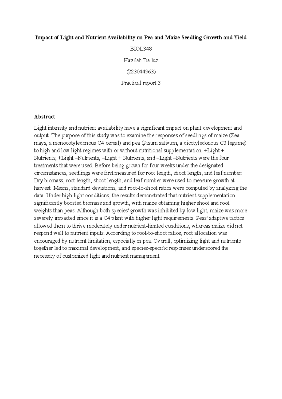 BIOL348 Practical Report 3: Light & Nutrient Effects on Pea & Maize ...