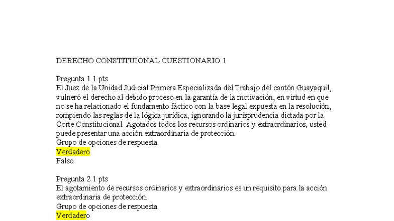 DERECHO CONSTITUCIONAL - CUESTIONARIO 1 Y 2 - Studocu