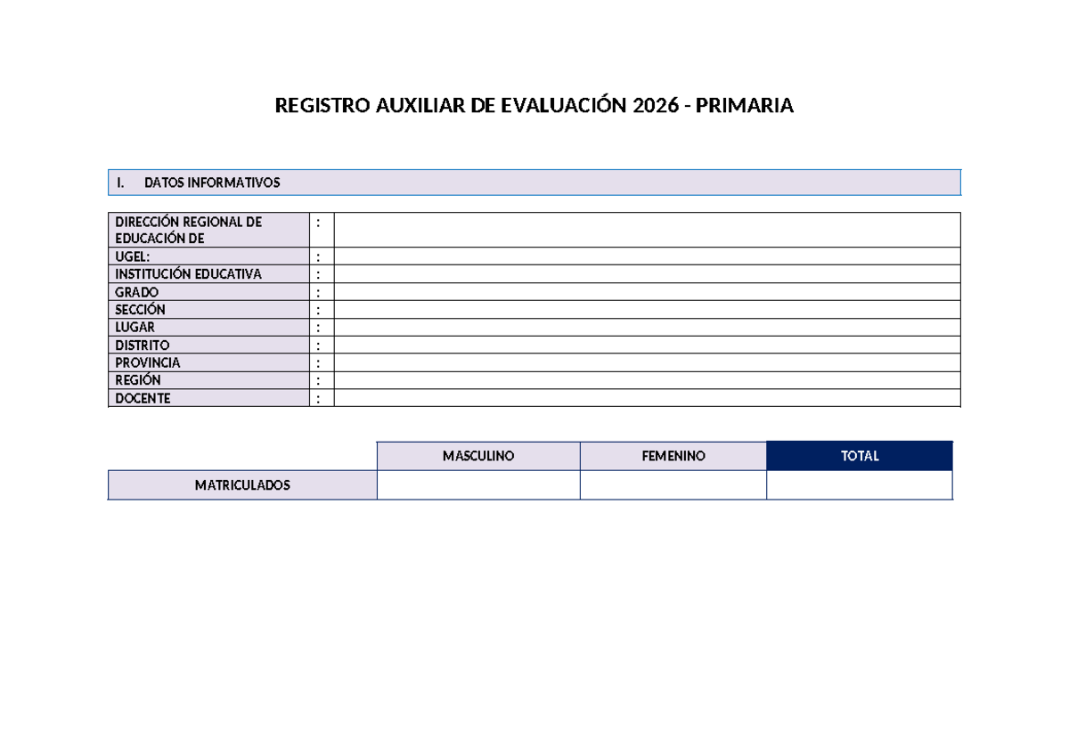 Registro Auxiliar de Evaluación 2026 - Primaria I Minedu - Document Preview