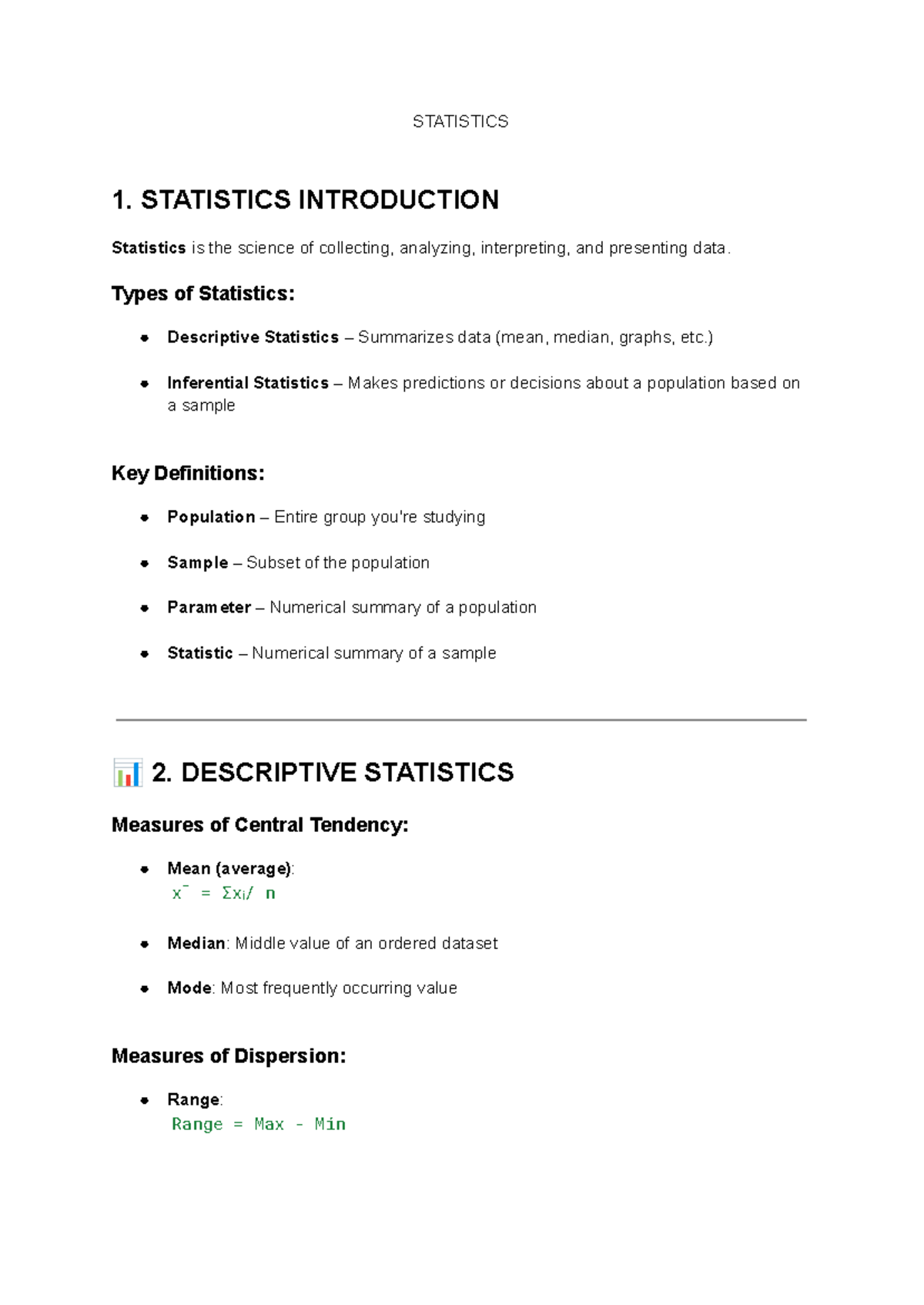 STATISTICS 1: Short Summary of Key Concepts and Definitions - Studocu