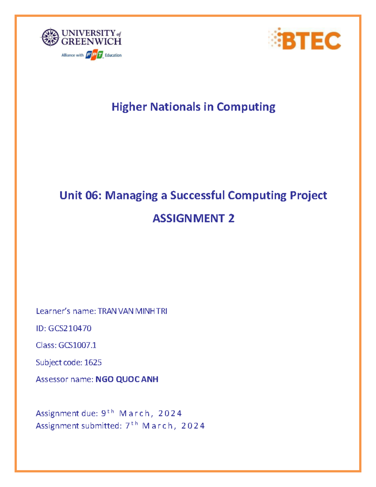 Unit 06 - Assignment 1 frontsheet (1625) - Higher Nationals in ...