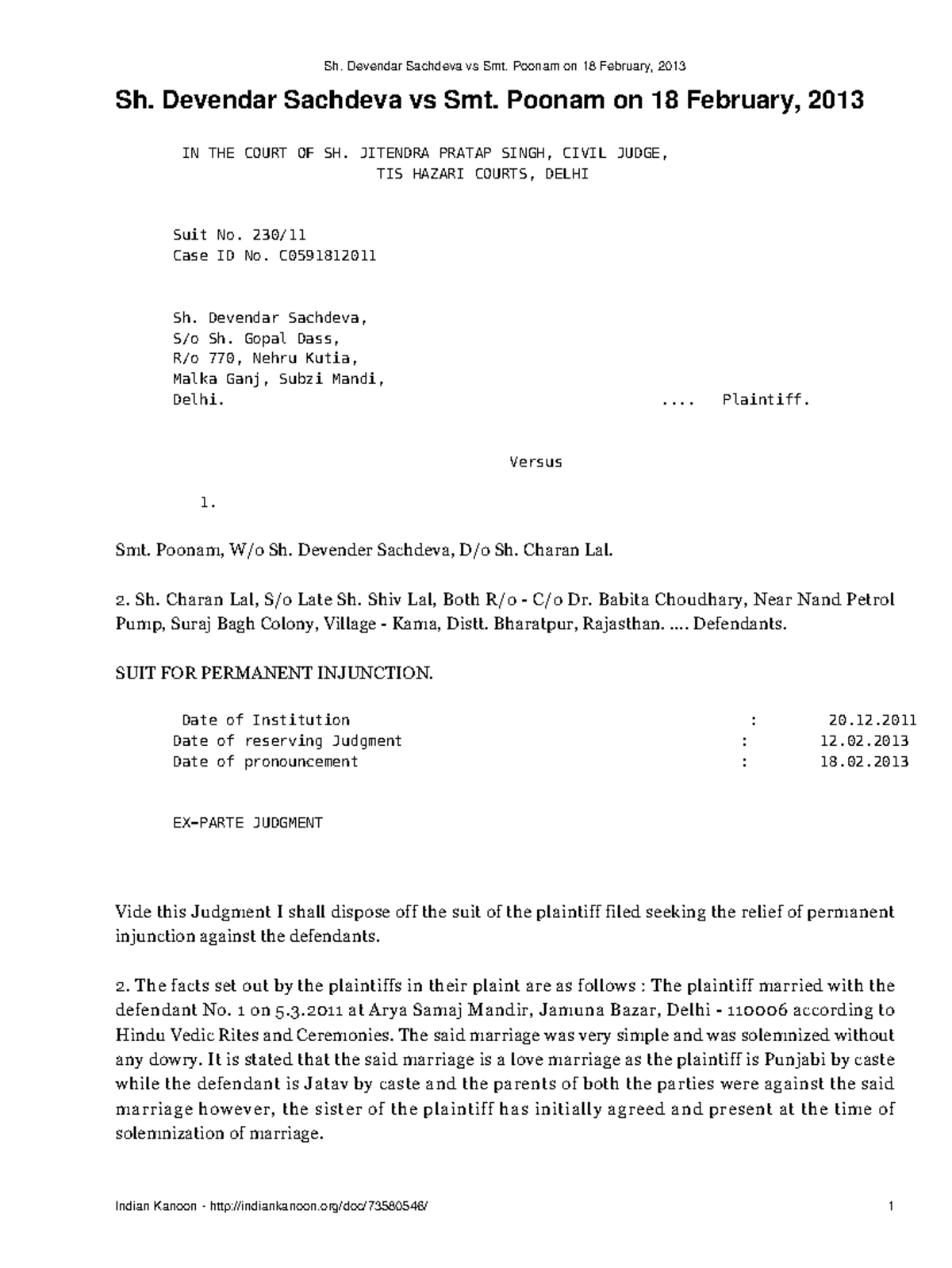 Sh. Devendar Sachdeva v. Smt. Poonam: Permanent Injunction Case, 2013 ...