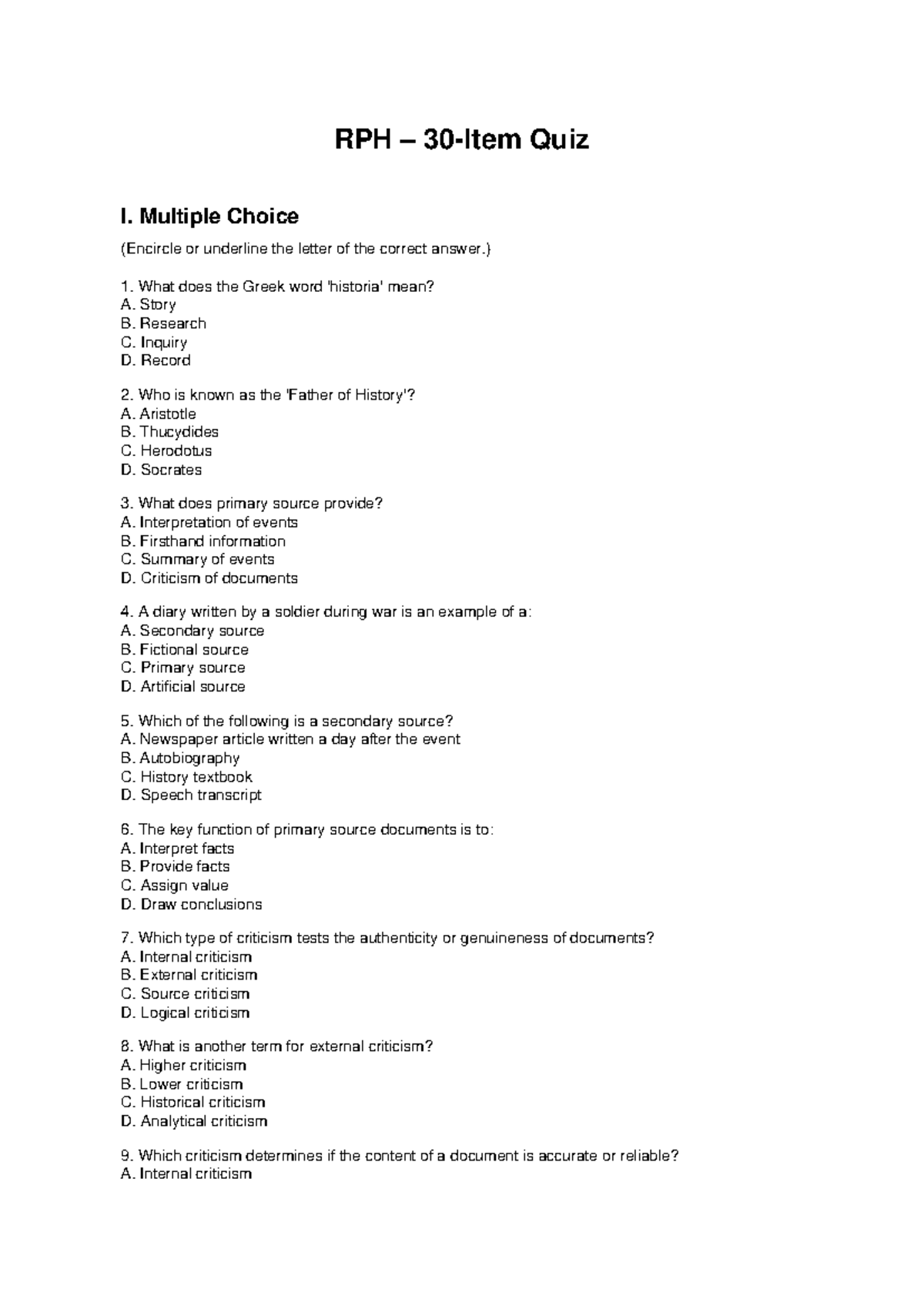 RPH Quiz I: Multiple Choice Questions and Answer Key - Studocu