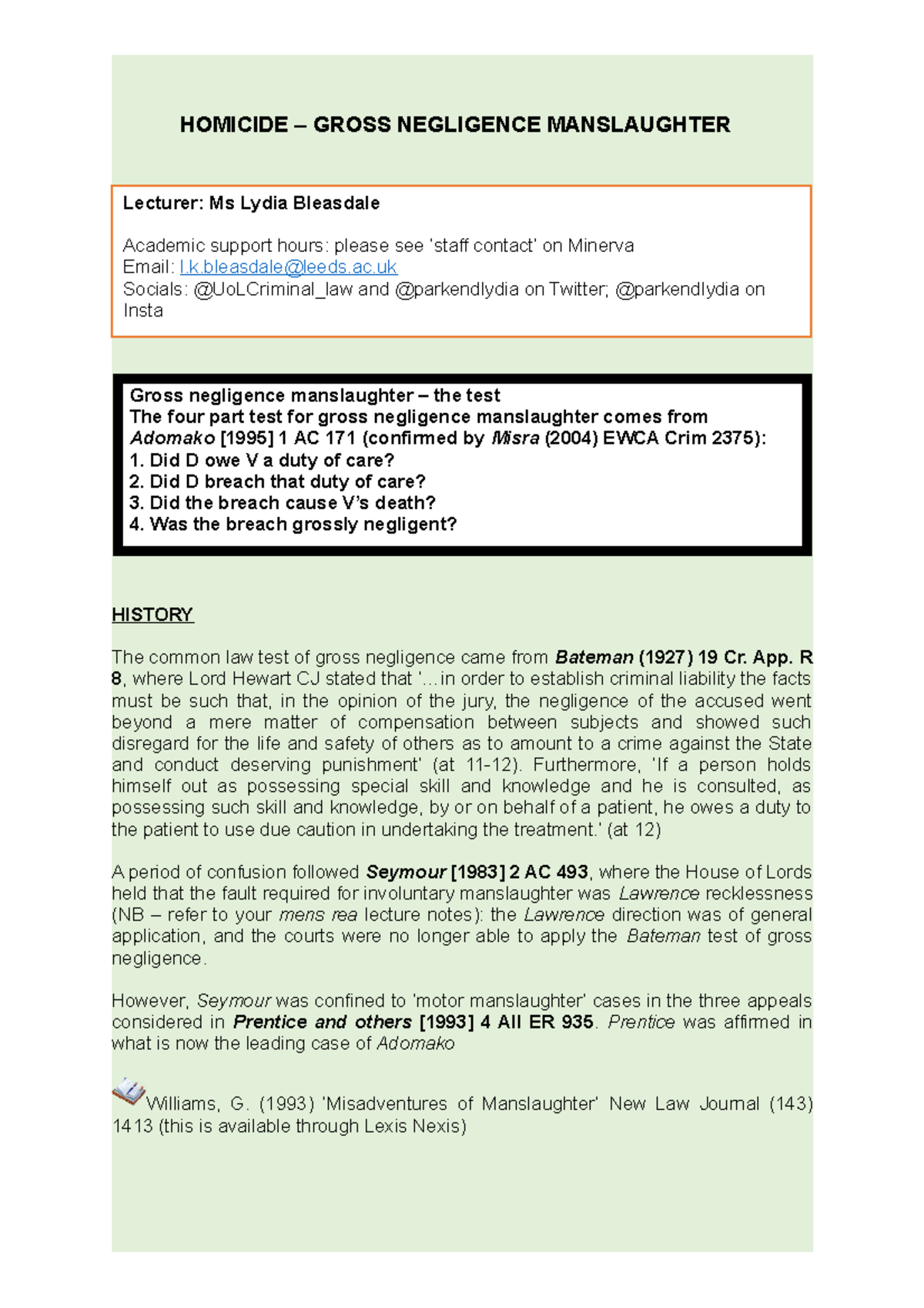 Gross Negligence Manslaughter: Key Concepts and Case Analysis - Studocu