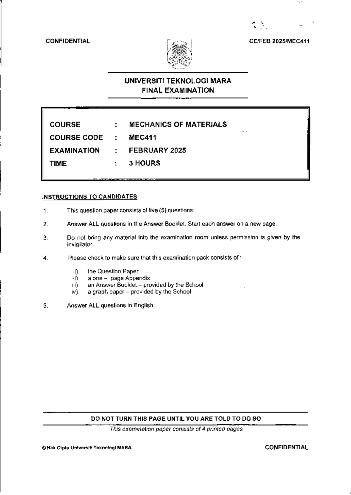MEC411 Final Exam Past Year Paper: Mechanics of Materials - Studocu
