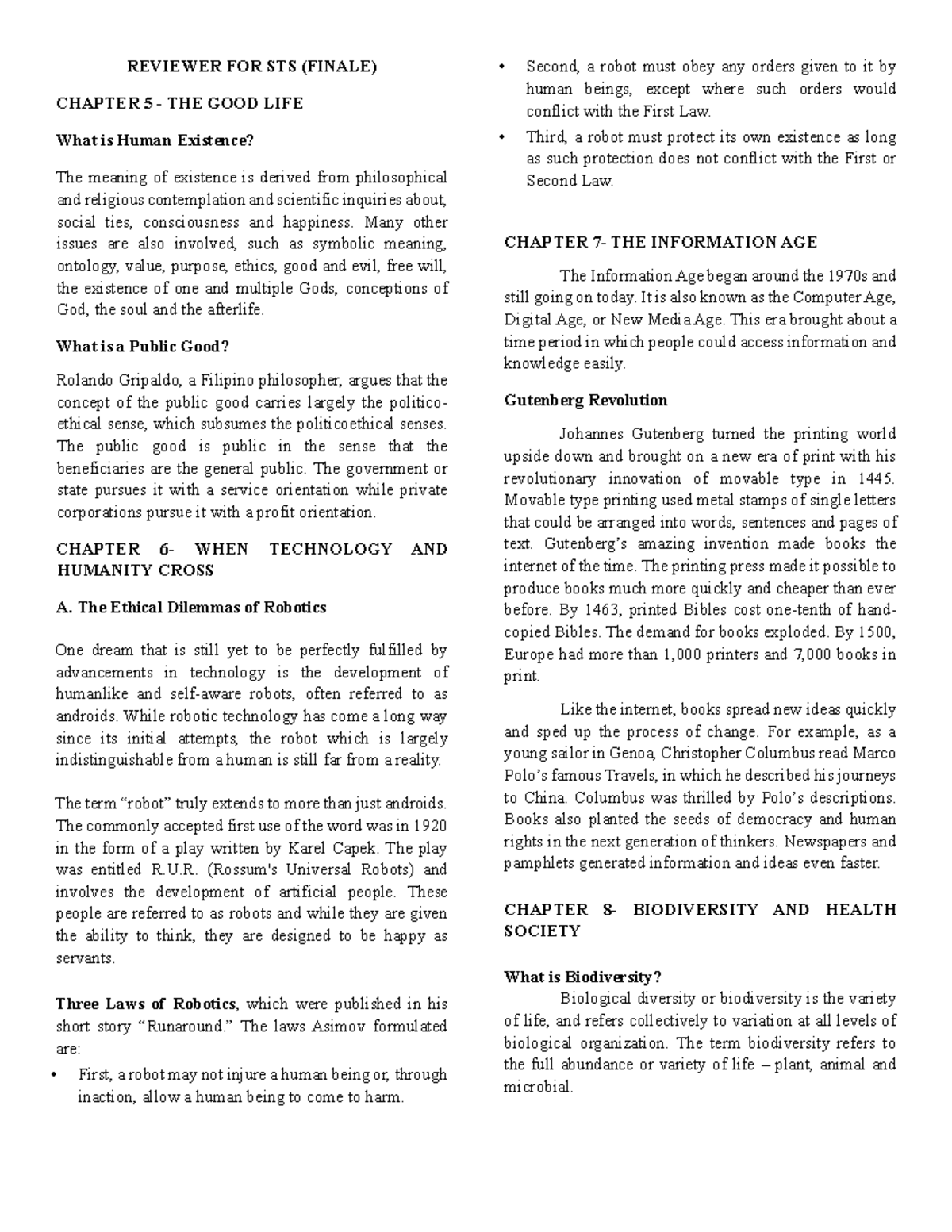 STS 401 Final Exam Reviewer: Concepts of Existence, Technology, and ...