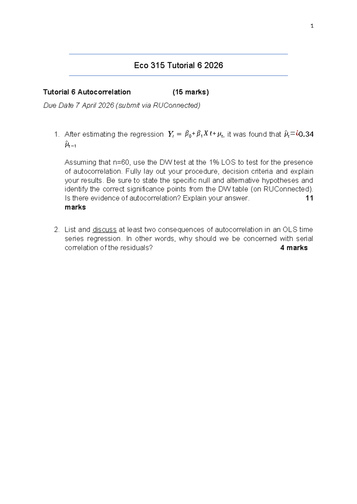 Eco 315 Tutorial 6: Autocorrelation Analysis & Consequences - Studocu