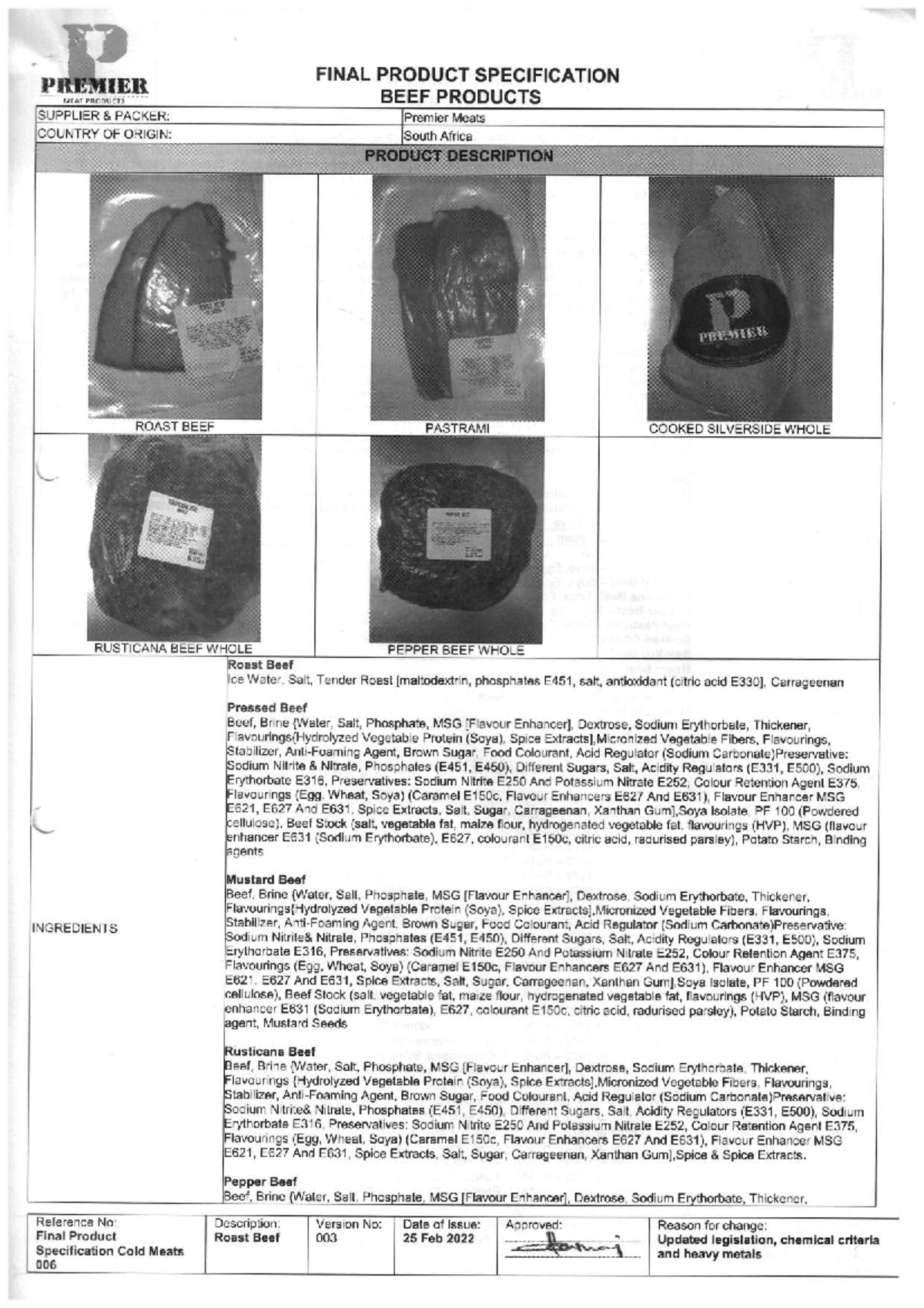 PREMIER MEATS COLD MEATS FINAL PRODUCT SPECIFICATION DOCUMENT - Studocu