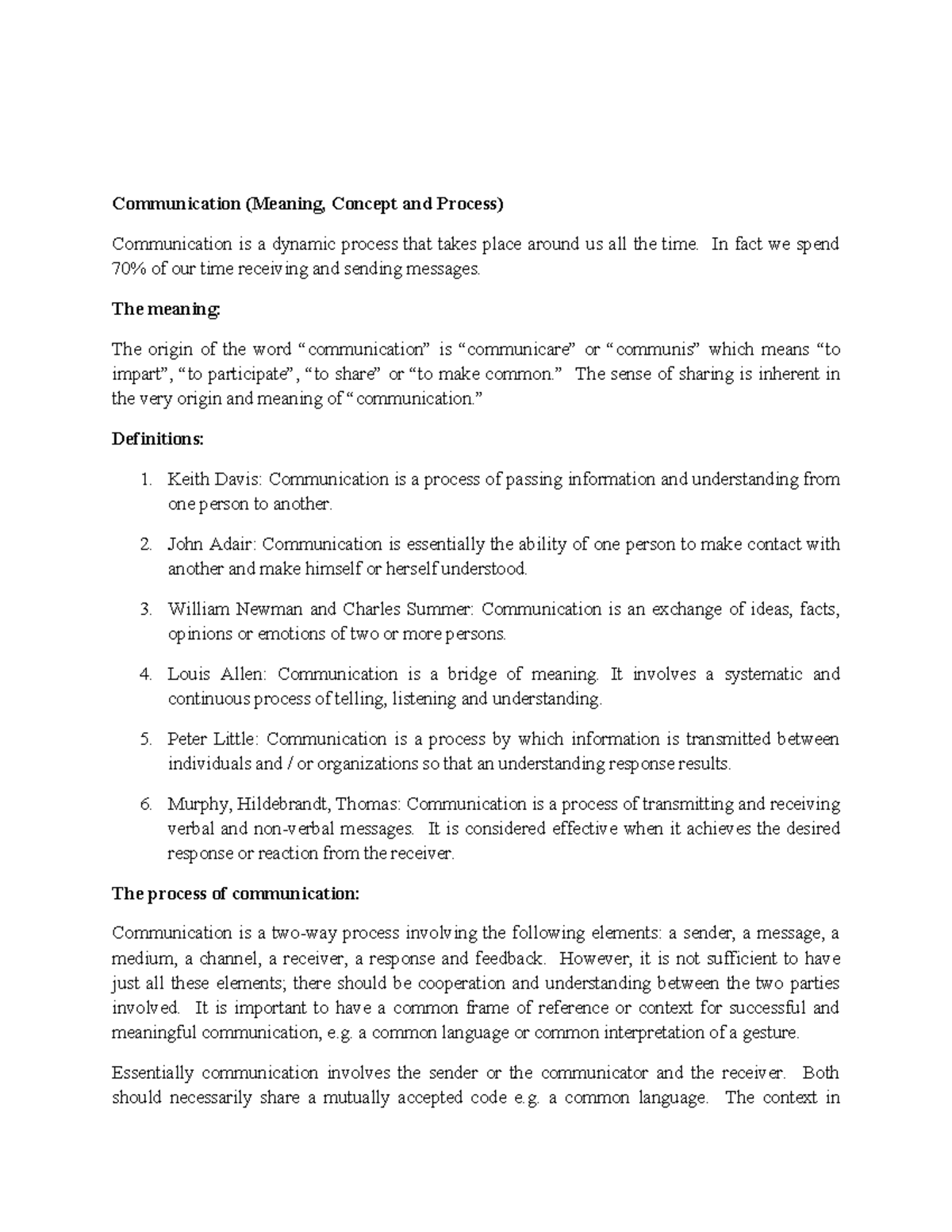 Communication: Meaning, Concept, and Process Overview - Studocu