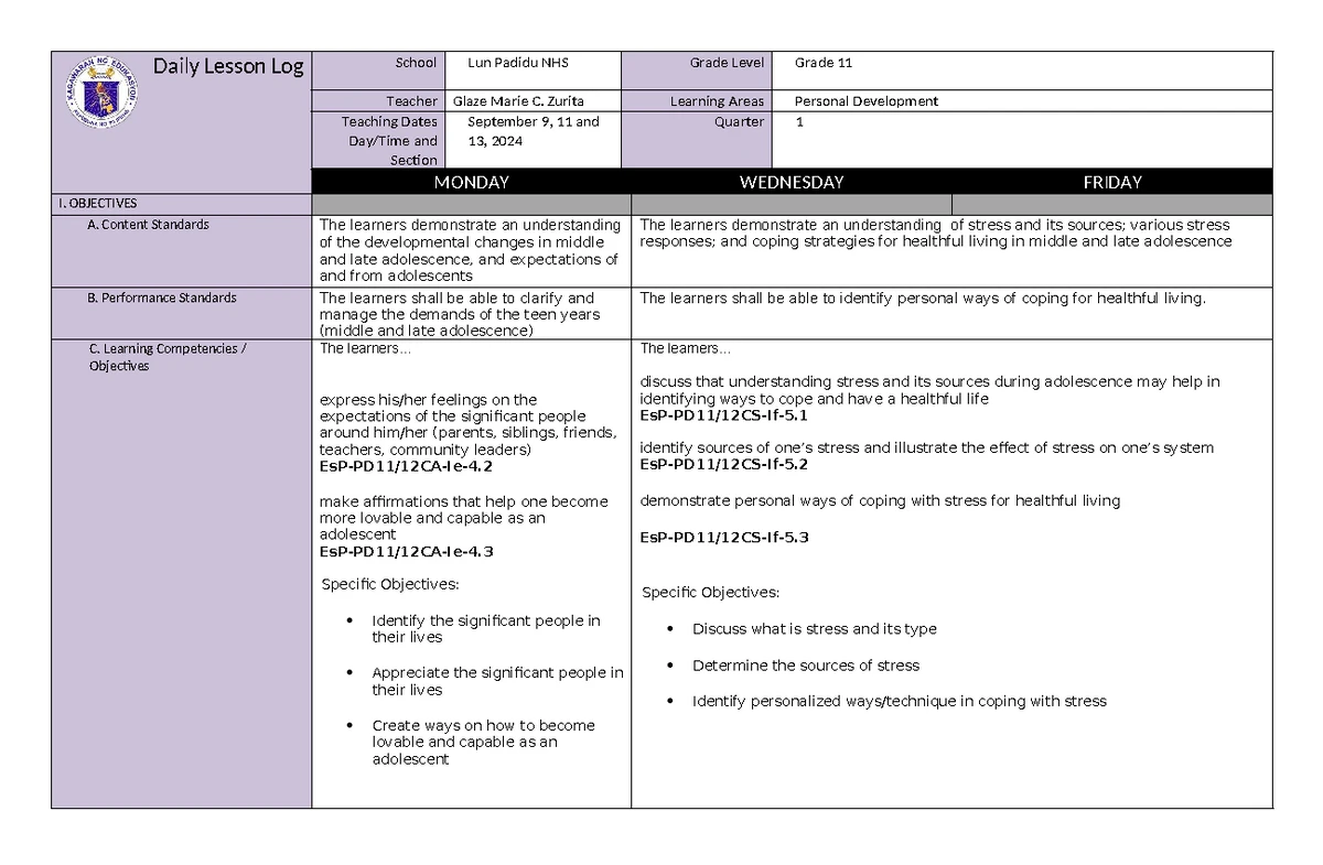 DLL Perdev G11 Q1 W2: Holistic Development Lesson Plan - Studocu