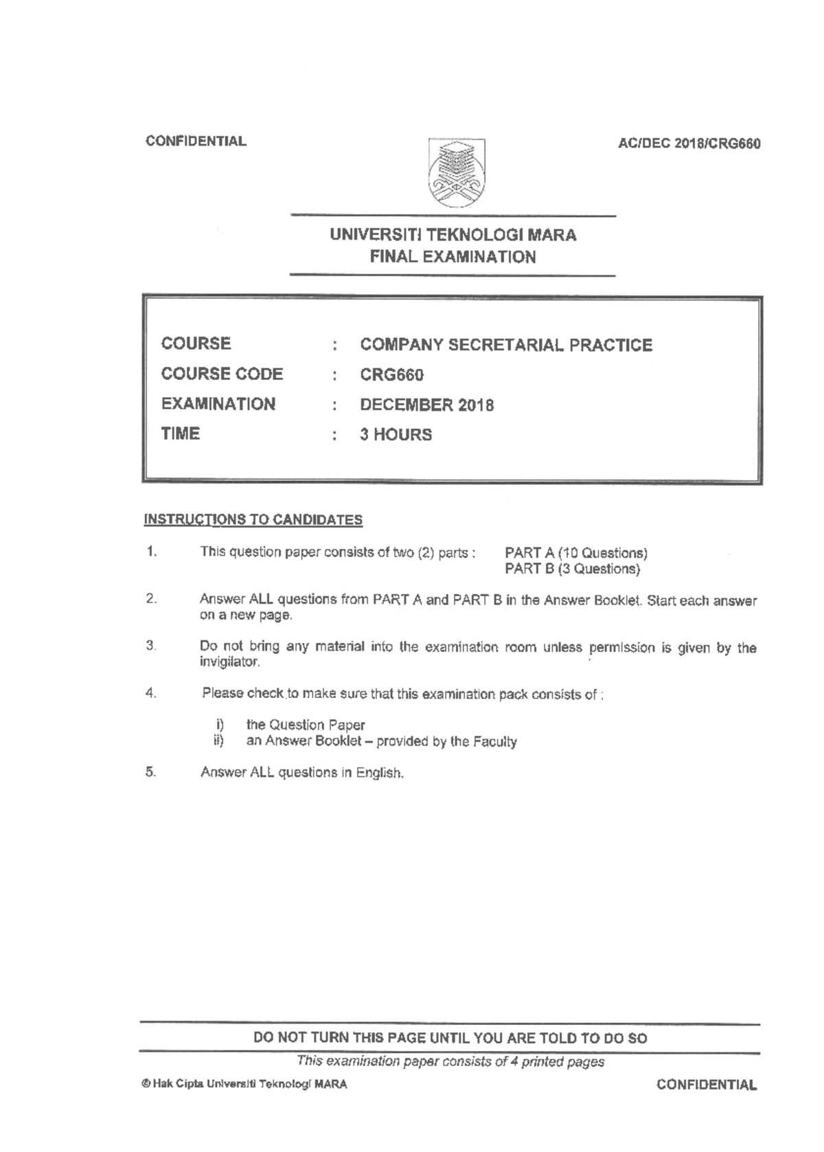 DEC 2018 - question paper - Company Secretarial Practice - Studocu