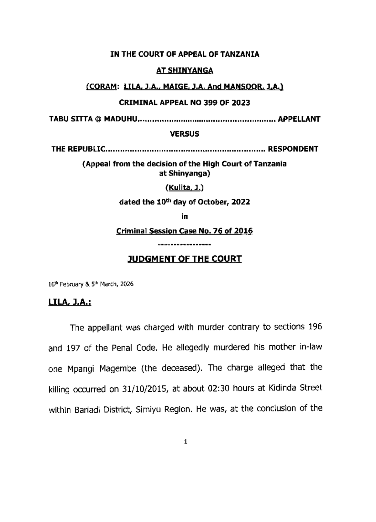 Judgment Analysis: Criminal Appeal No. 399 of 2023 - Tabu Sitta Maduhu ...
