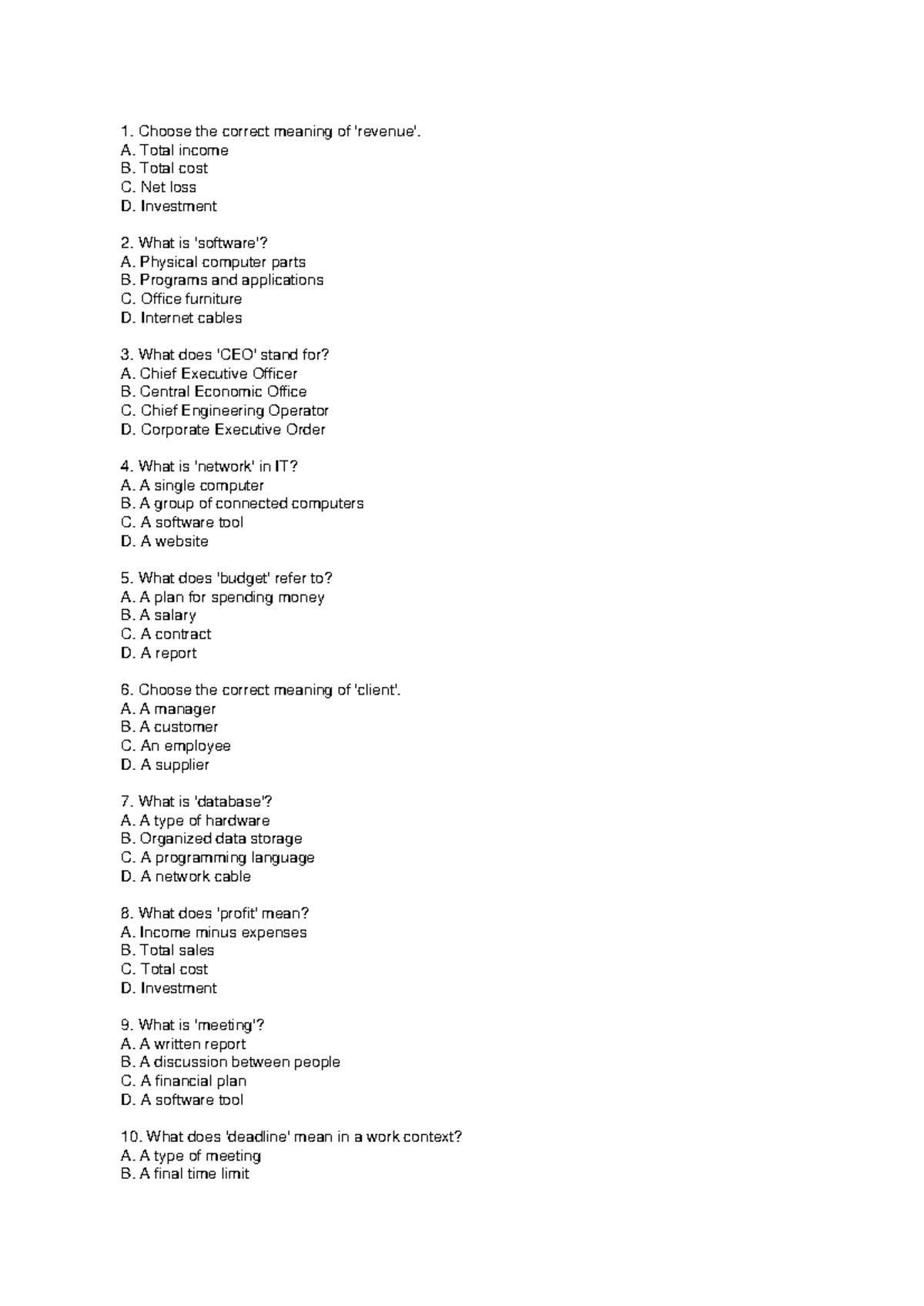 English Specialized Test 2: Business Terminology Quiz - Studocu