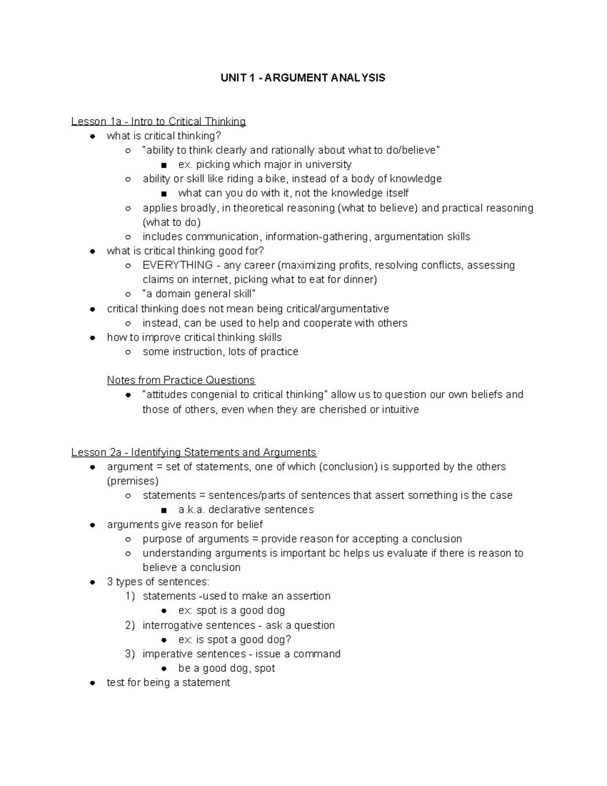 PHIL 1230 B - phil 1230b video lesson notes - UNIT 1 - ARGUMENT ...