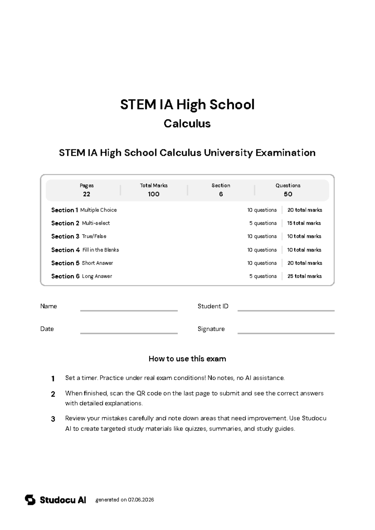 STEM IA High School Calculus Final Exam - Studocu