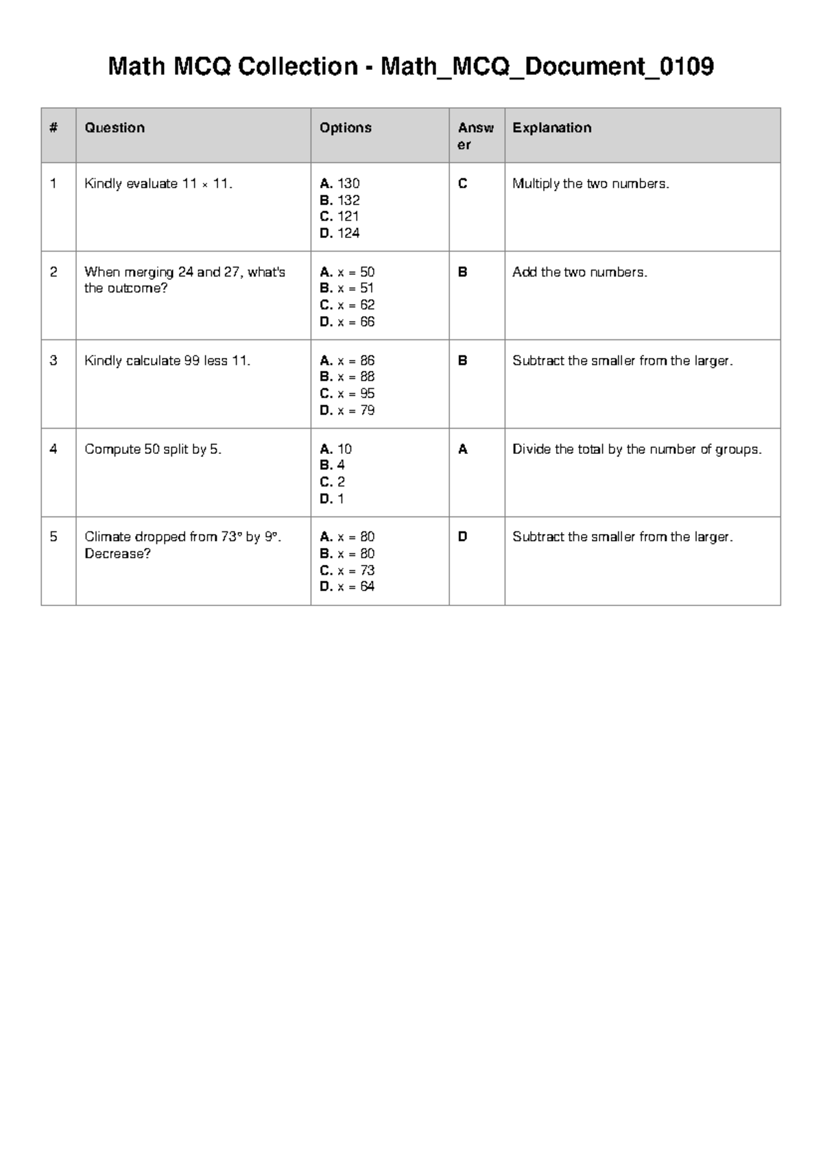 Math MCQ Collection - Math_MCQ_Document_0109 - Studocu