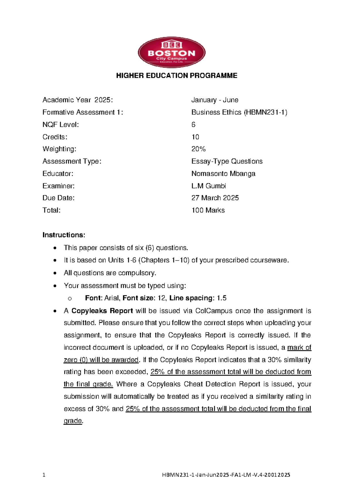 HBMN231 Jan-Jun 2025: Formative Assessment 1 on Business Ethics - Studocu