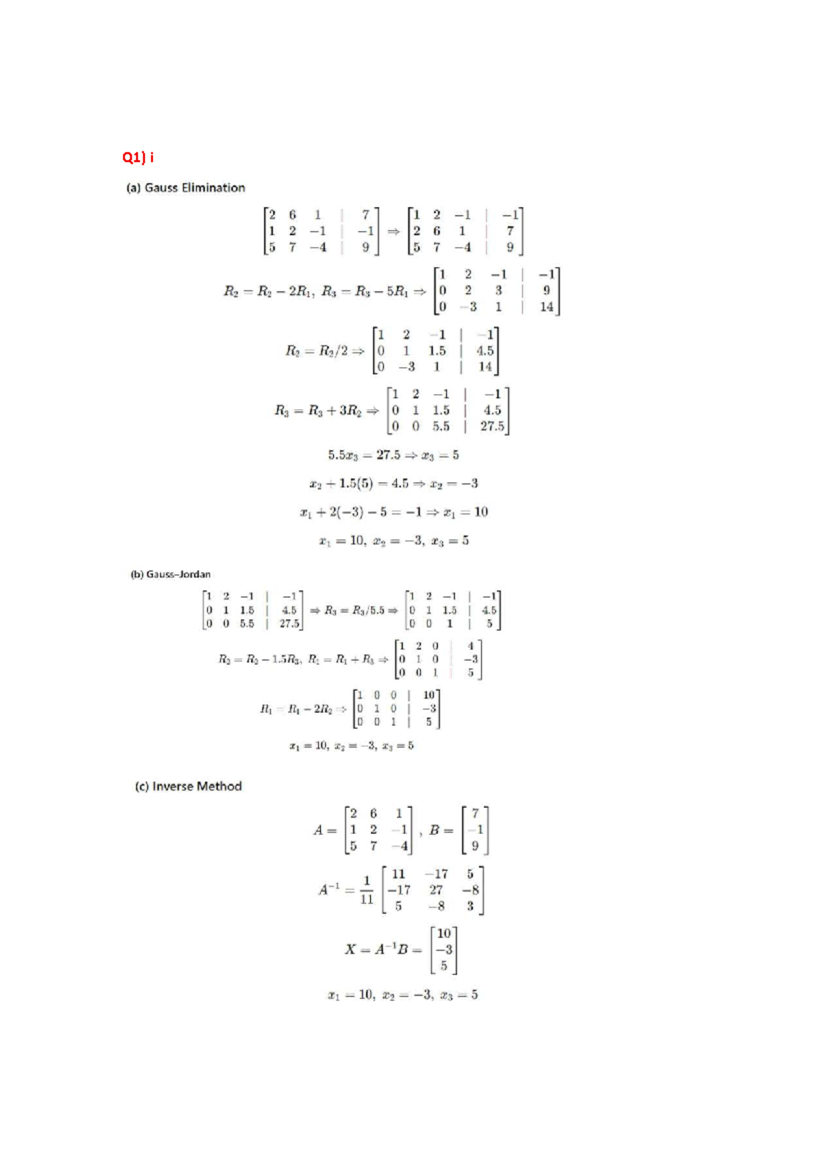 Q1) Gauss Elimination, Gauss-Jordan, Inverse Method & Cramer's Rule ...