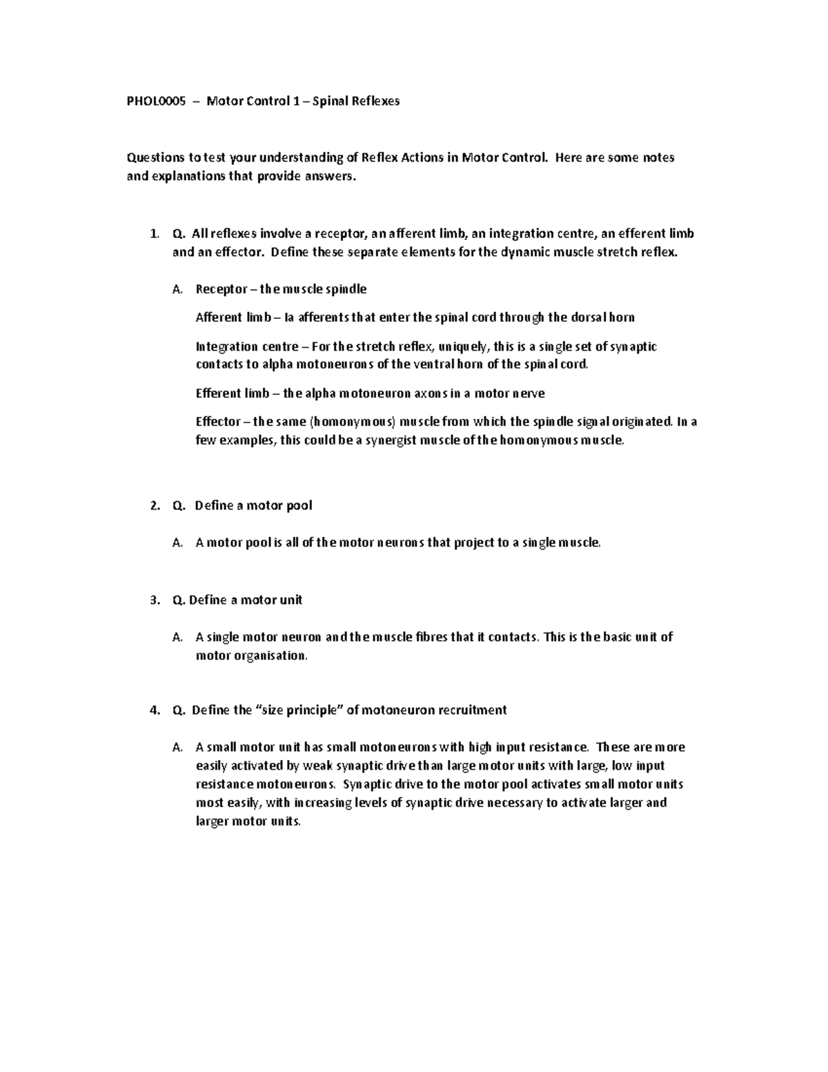 Reflexes - Questions and Answers - PHOL0005 – Motor Control 1 – Spinal ...